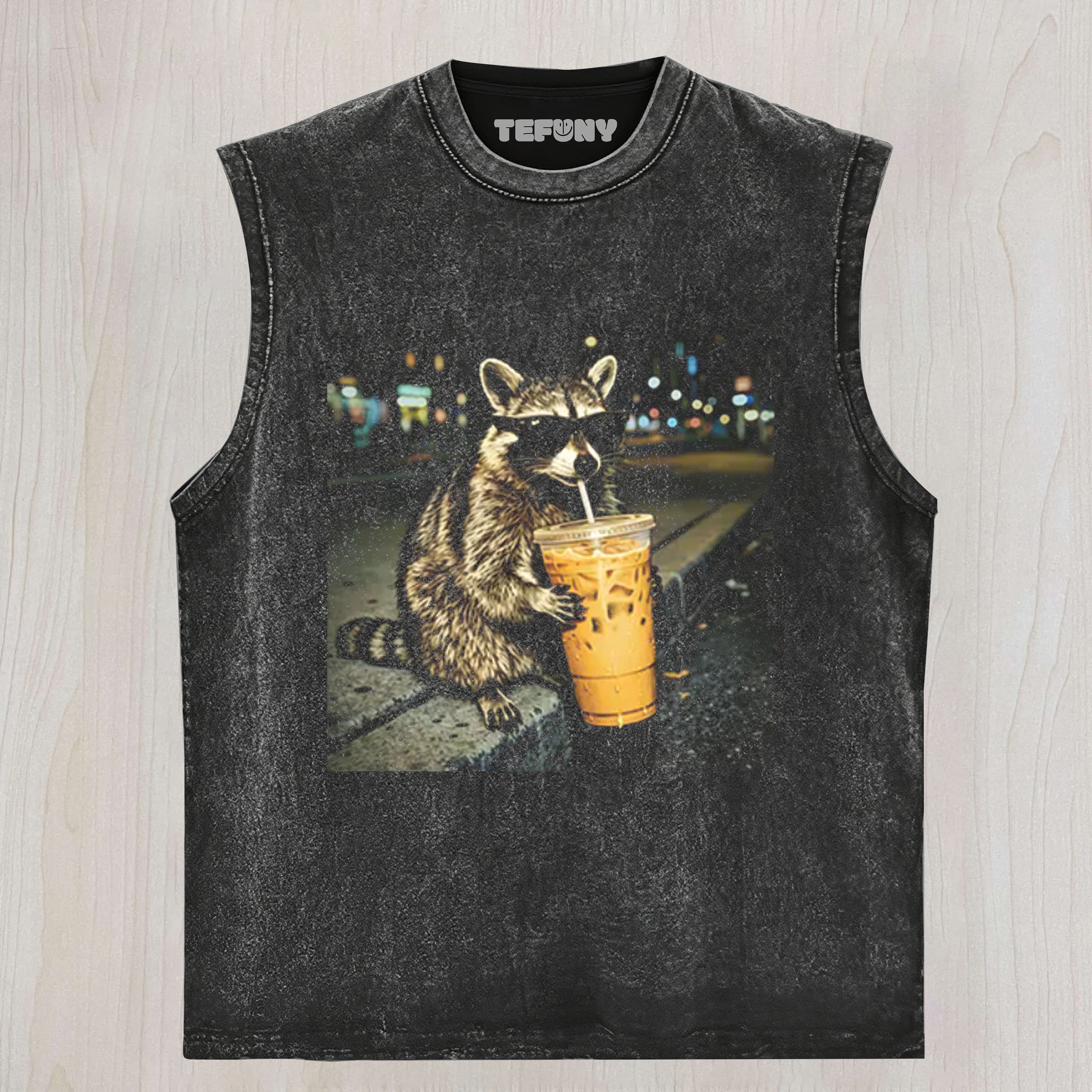 RACOON WITH A ICE COFFEE UNISEX TEE, TANK TOP, LAYERED LS, SWEATSHIRT & HOODIE