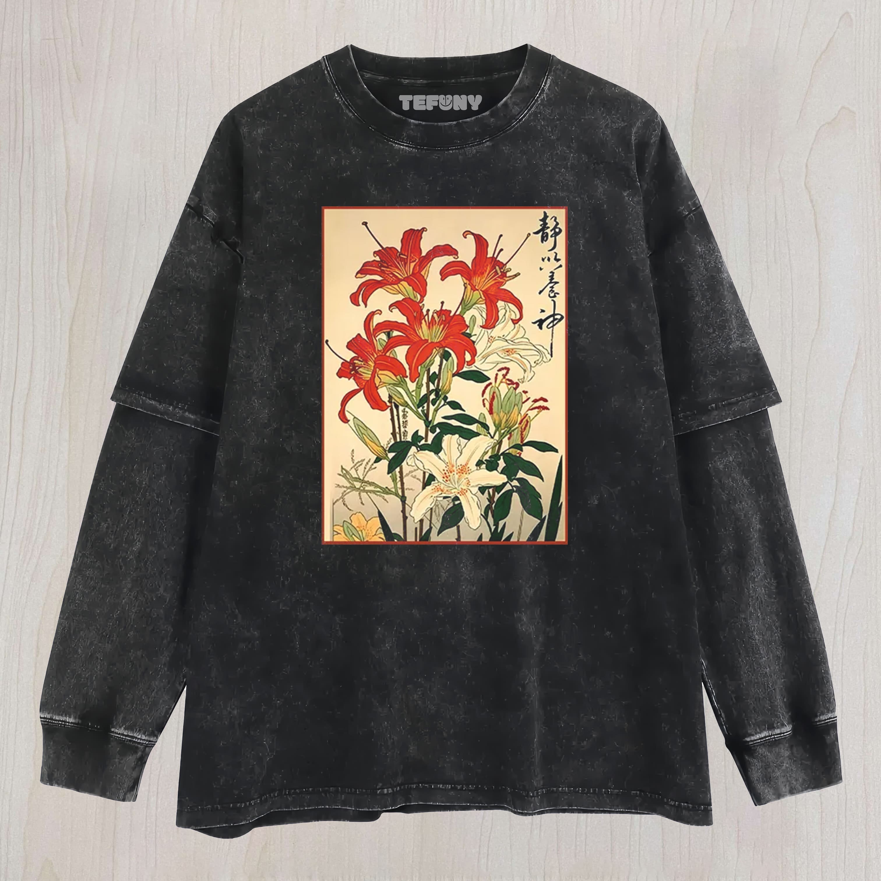 RED AND WHITE LILIES WASHED  LAYERED LONG SLEEV