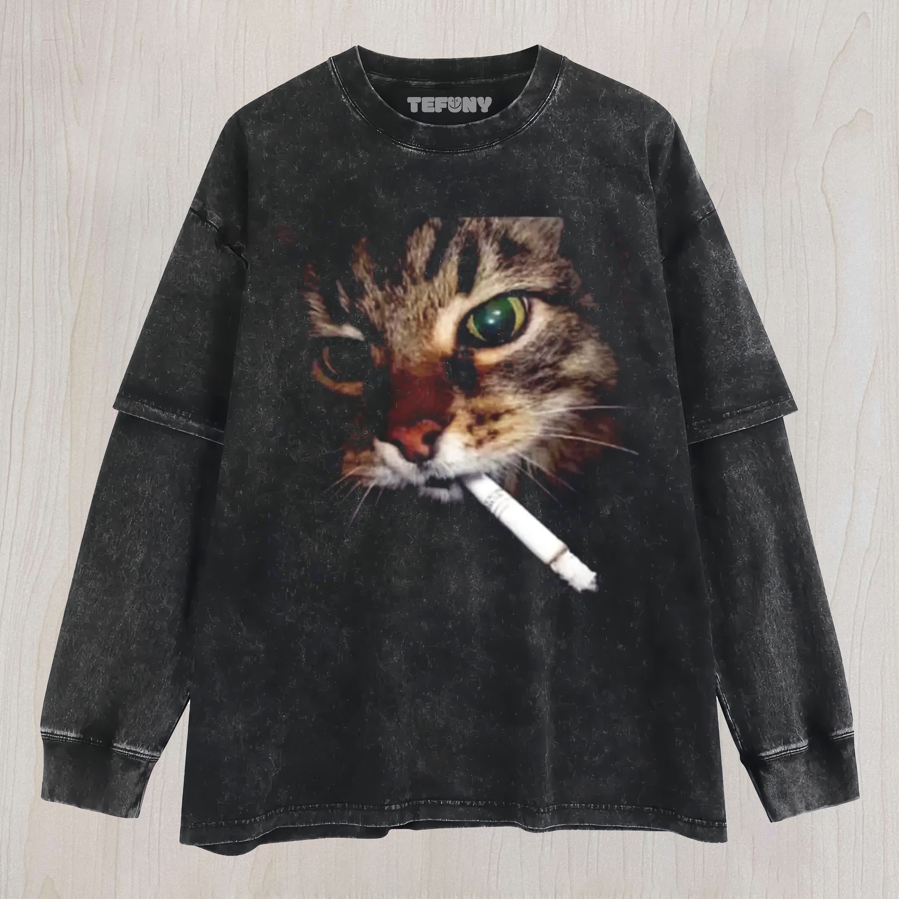 RETRO FUNNY CAT ART PRINT CASUAL UNISEX TEE, TANK TOP, LAYERED LS, SWEATSHIRT & HOODIE