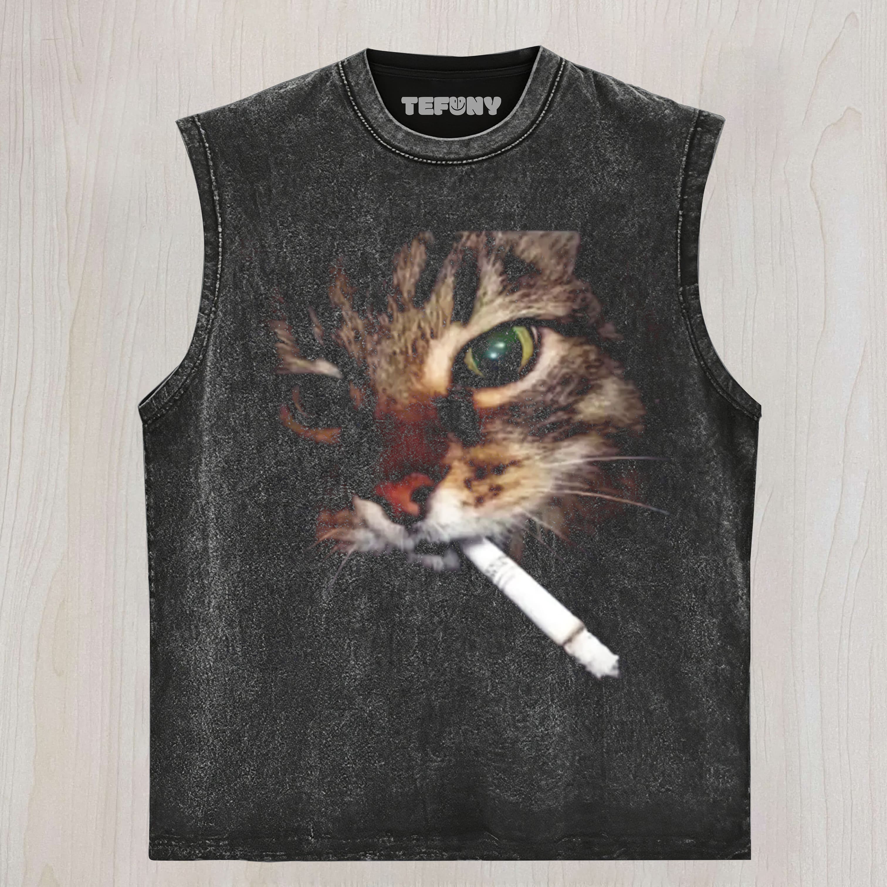 RETRO FUNNY CAT ART PRINT CASUAL UNISEX TEE, TANK TOP, LAYERED LS, SWEATSHIRT & HOODIE