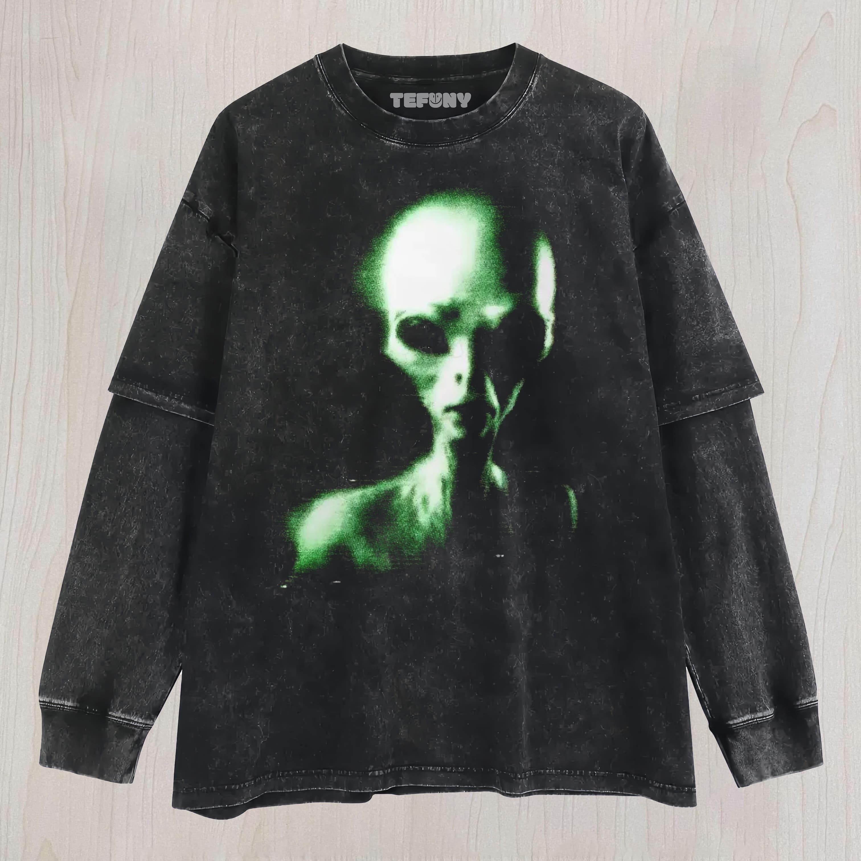 RETRO GREEN ALIEN GLITCH PRINT CASUAL SLEEVELESS UNISEX TEE, TANK TOP, LAYERED LS, SWEATSHIRT & HOODIE