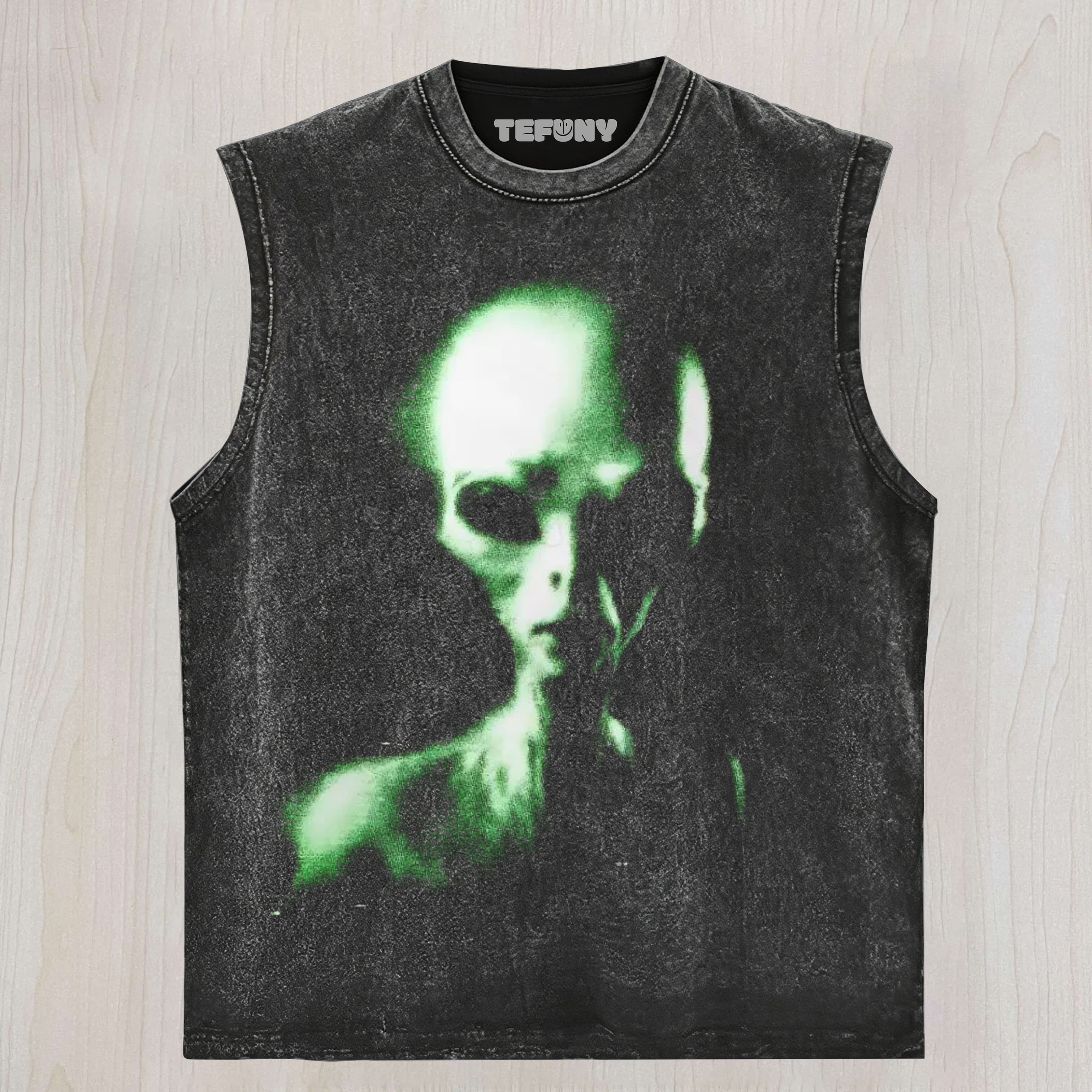 RETRO GREEN ALIEN GLITCH PRINT CASUAL SLEEVELESS UNISEX TEE, TANK TOP, LAYERED LS, SWEATSHIRT & HOODIE