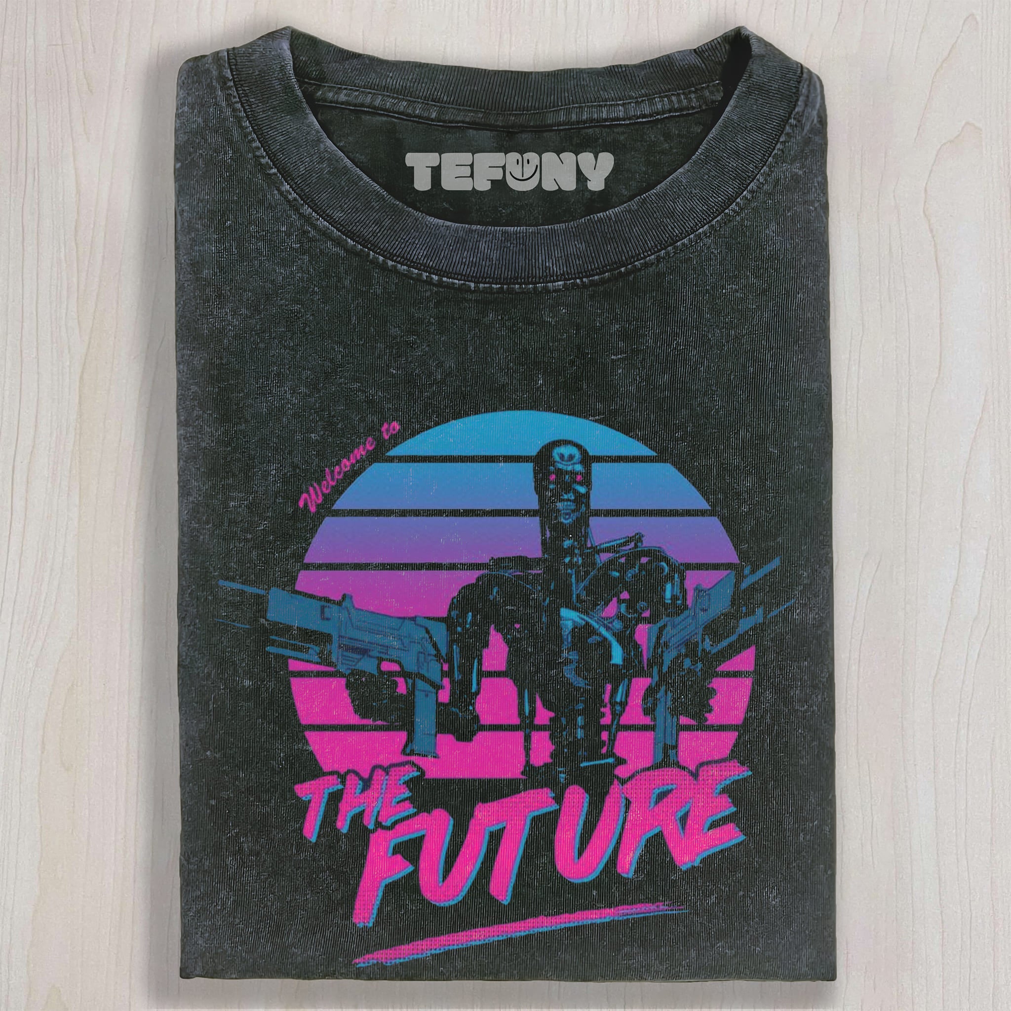 RETRO SYNTHWAVE ROBOTIC SKELETON GUN MOTIF FUTURE UNISEX TEE, TANK TOP, LAYERED LS, SWEATSHIRT & HOODIE