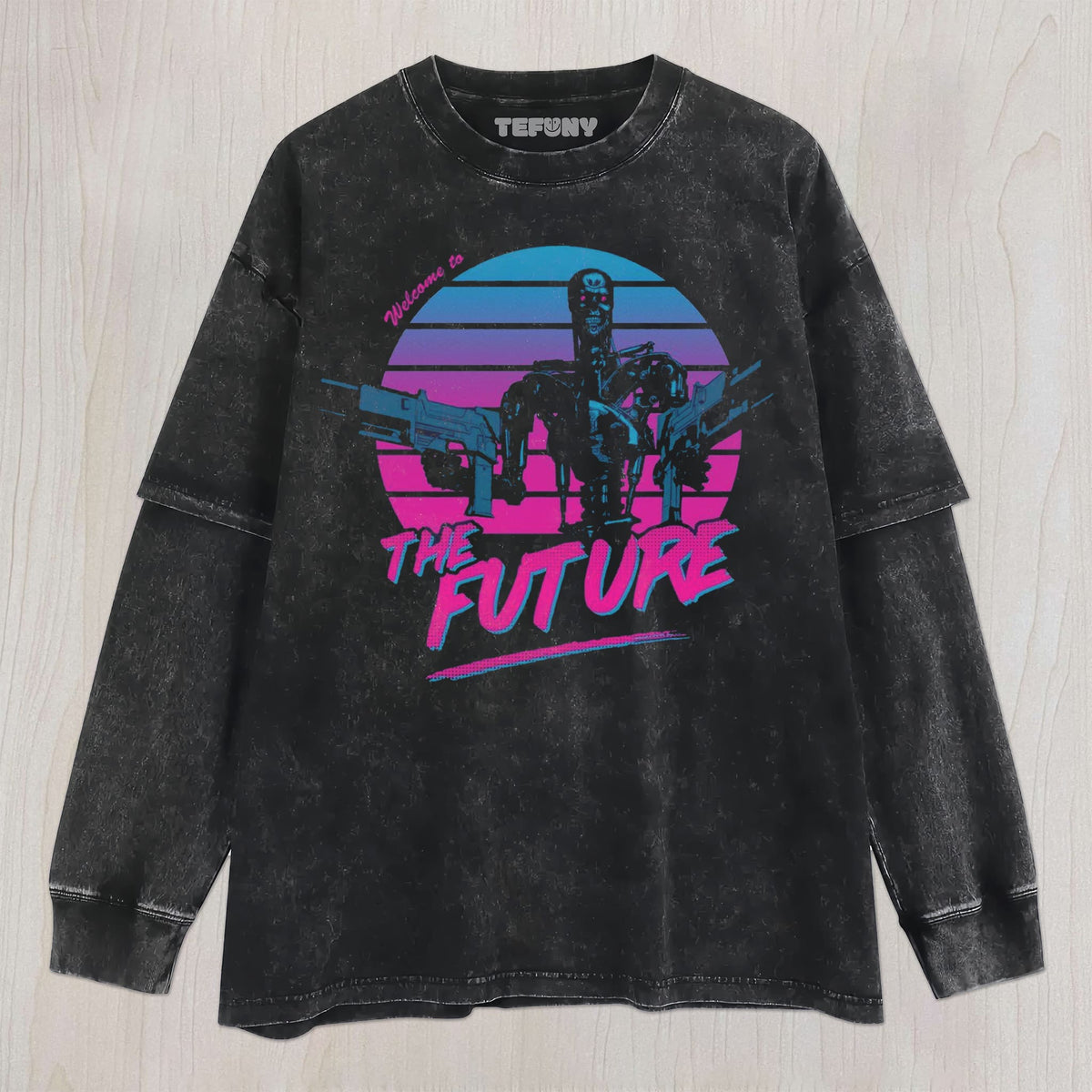 RETRO SYNTHWAVE ROBOTIC SKELETON GUN MOTIF FUTURE UNISEX TEE, TANK TOP, LAYERED LS, SWEATSHIRT & HOODIE