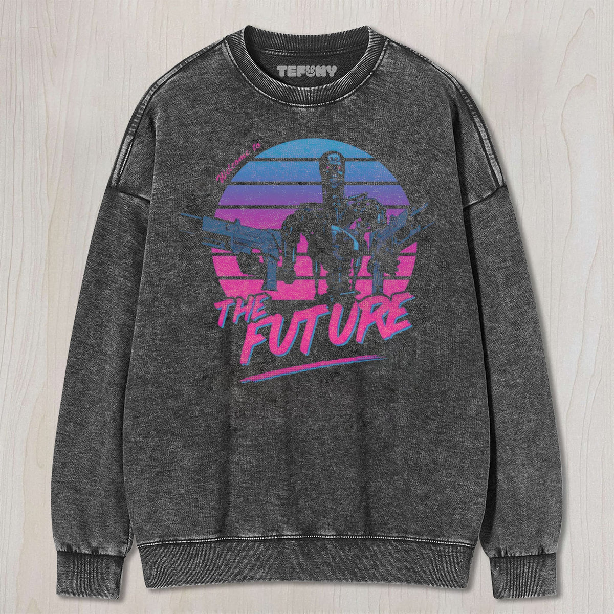 RETRO SYNTHWAVE ROBOTIC SKELETON GUN MOTIF FUTURE UNISEX TEE, TANK TOP, LAYERED LS, SWEATSHIRT & HOODIE