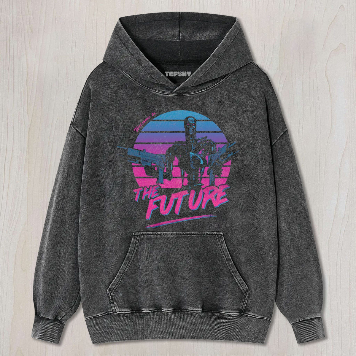 RETRO SYNTHWAVE ROBOTIC SKELETON GUN MOTIF FUTURE UNISEX TEE, TANK TOP, LAYERED LS, SWEATSHIRT & HOODIE