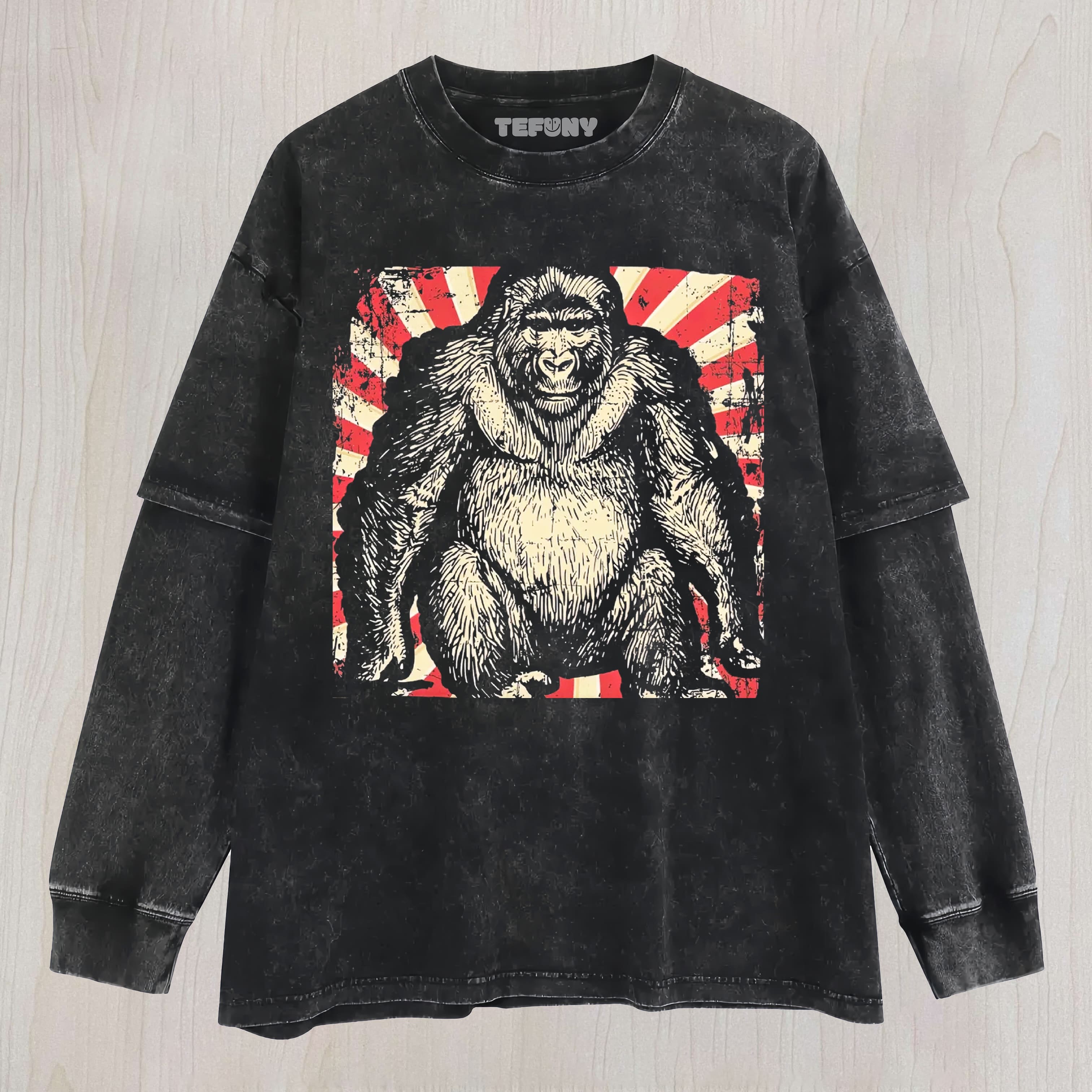 RETRO GORILLA GRAPHIC VINTAGE WASHED UNISEX TEE, TANK TOP, LAYERED LS, SWEATSHIRT & HOODIE
