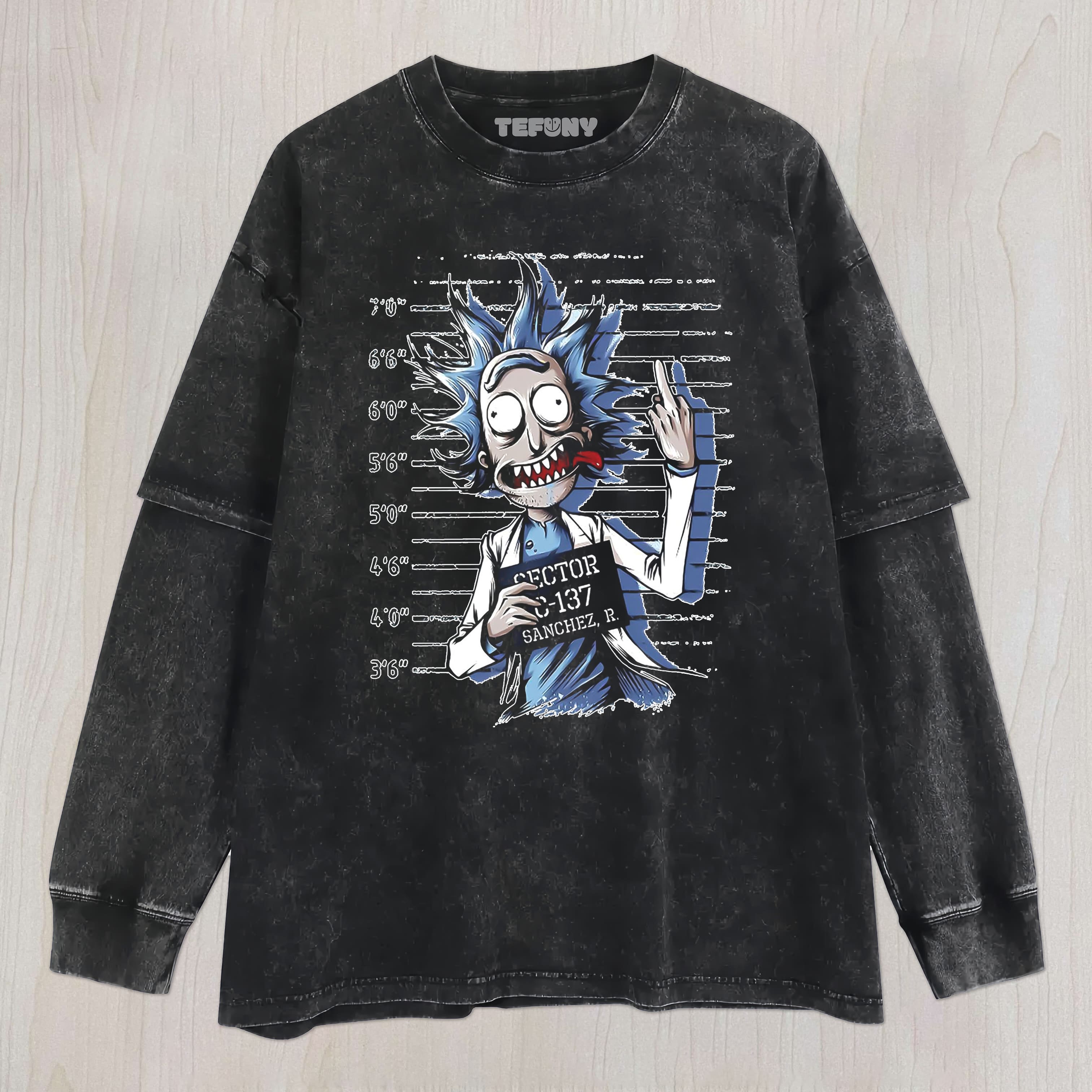 RICK GIVES THE MIDDLE FINGER UNISEX TEE, TANK TOP, LAYERED LS, SWEATSHIRT & HOODIE