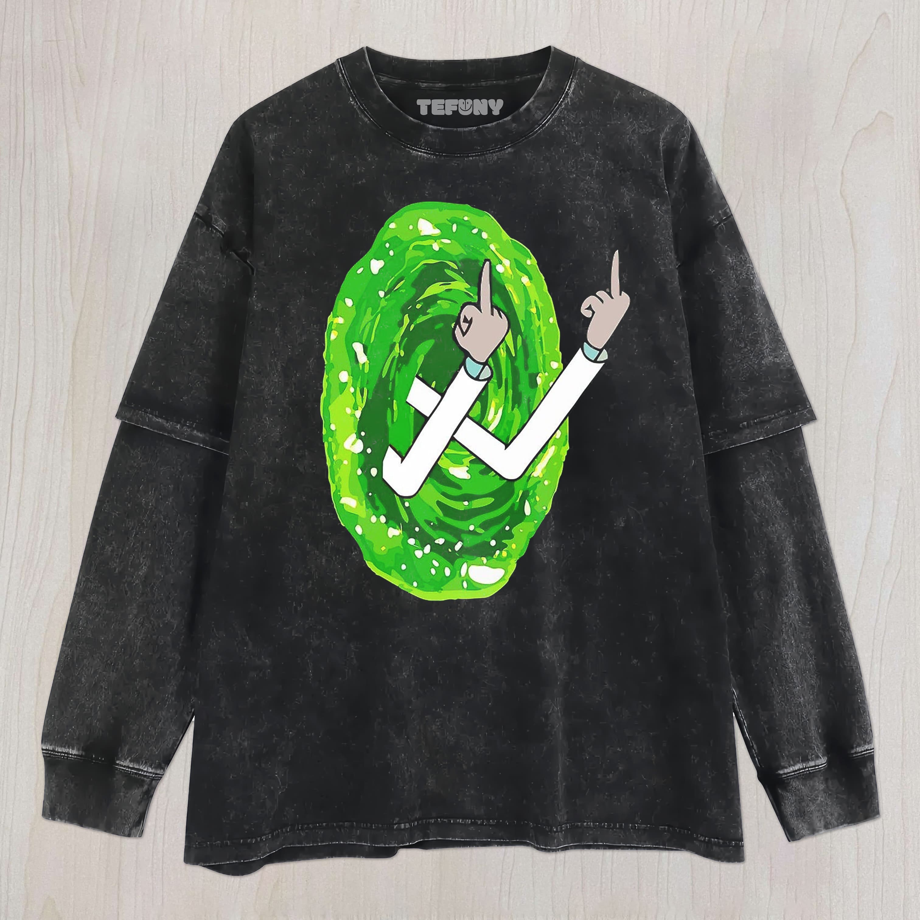 RICK GIVES THE MIDDLE FINGER UNISEX TEE, TANK TOP, LAYERED LS, SWEATSHIRT & HOODIE