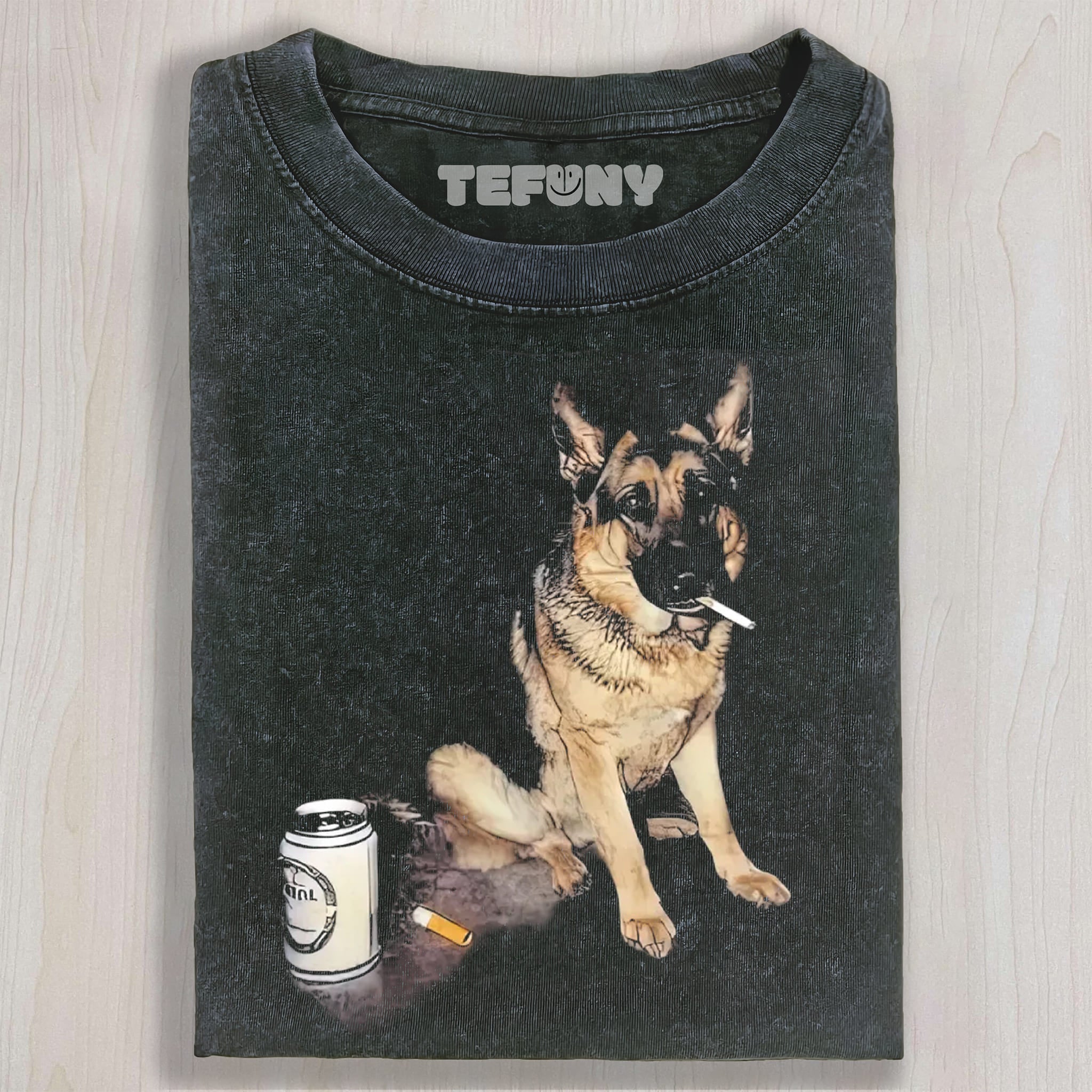 REALISTIC GERMAN SHEPHERD SMOKING BEER CAN DARK HUMOR GRAPHIC VINTAGE WASHED TEE UNISEX TEE, TANK TOP, LAYERED LS, SWEATSHIRT & HOODIE
