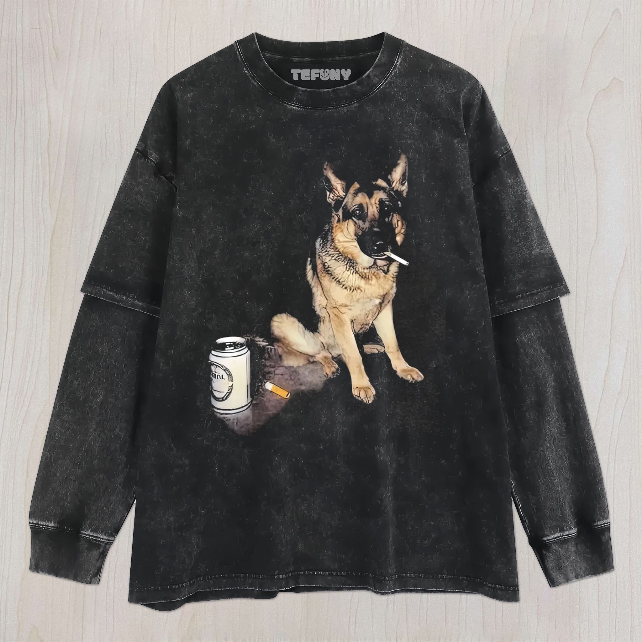 REALISTIC GERMAN SHEPHERD SMOKING BEER CAN DARK HUMOR GRAPHIC VINTAGE WASHED TEE UNISEX TEE, TANK TOP, LAYERED LS, SWEATSHIRT & HOODIE