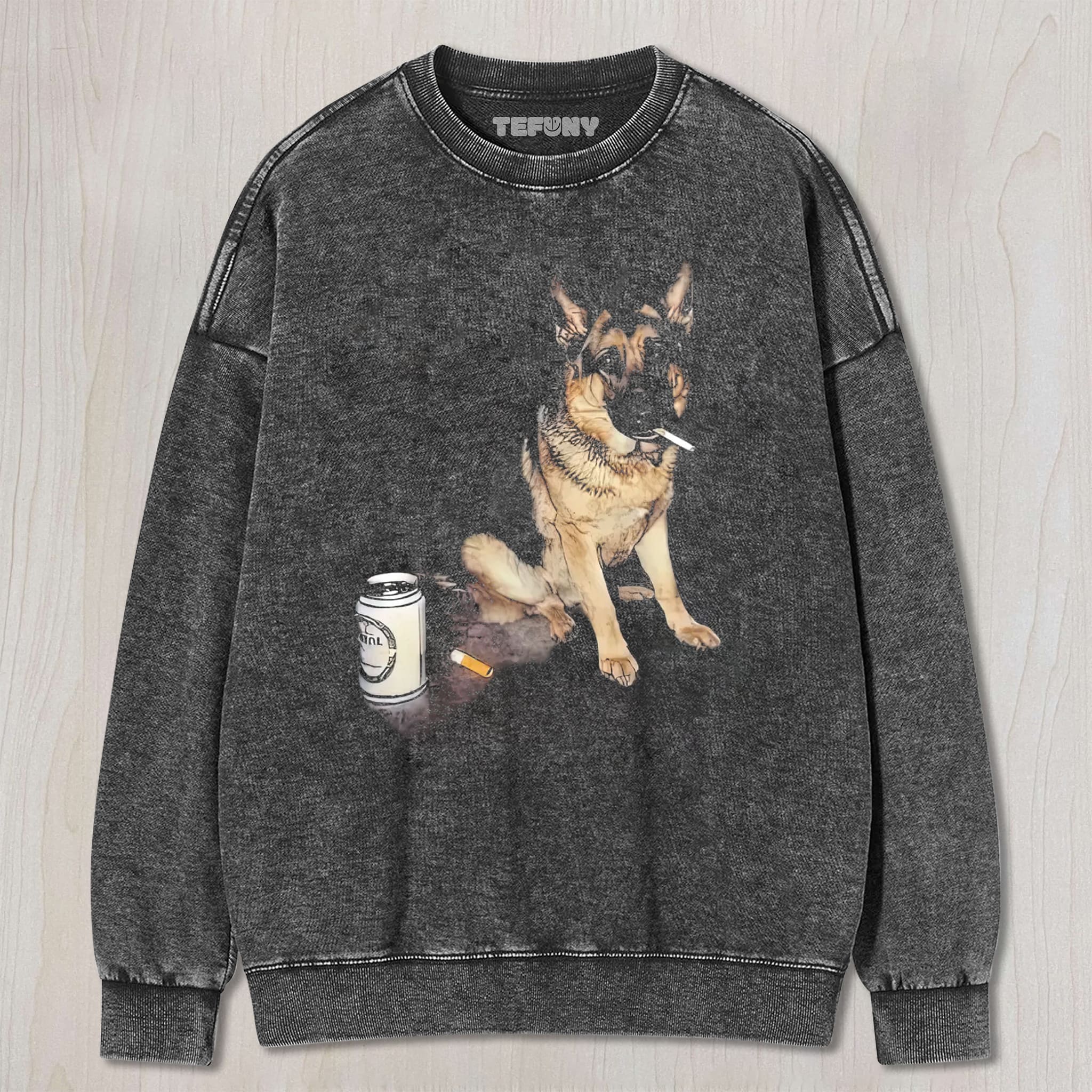 REALISTIC GERMAN SHEPHERD SMOKING BEER CAN DARK HUMOR GRAPHIC VINTAGE WASHED TEE UNISEX TEE, TANK TOP, LAYERED LS, SWEATSHIRT & HOODIE