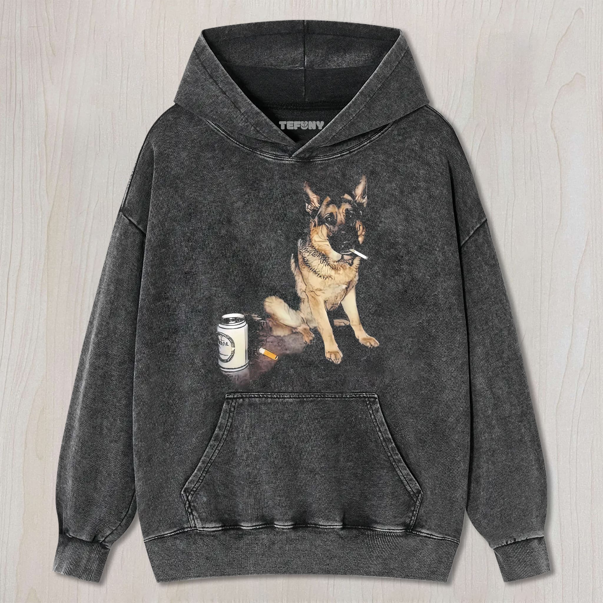 REALISTIC GERMAN SHEPHERD SMOKING BEER CAN DARK HUMOR GRAPHIC VINTAGE WASHED TEE UNISEX TEE, TANK TOP, LAYERED LS, SWEATSHIRT & HOODIE