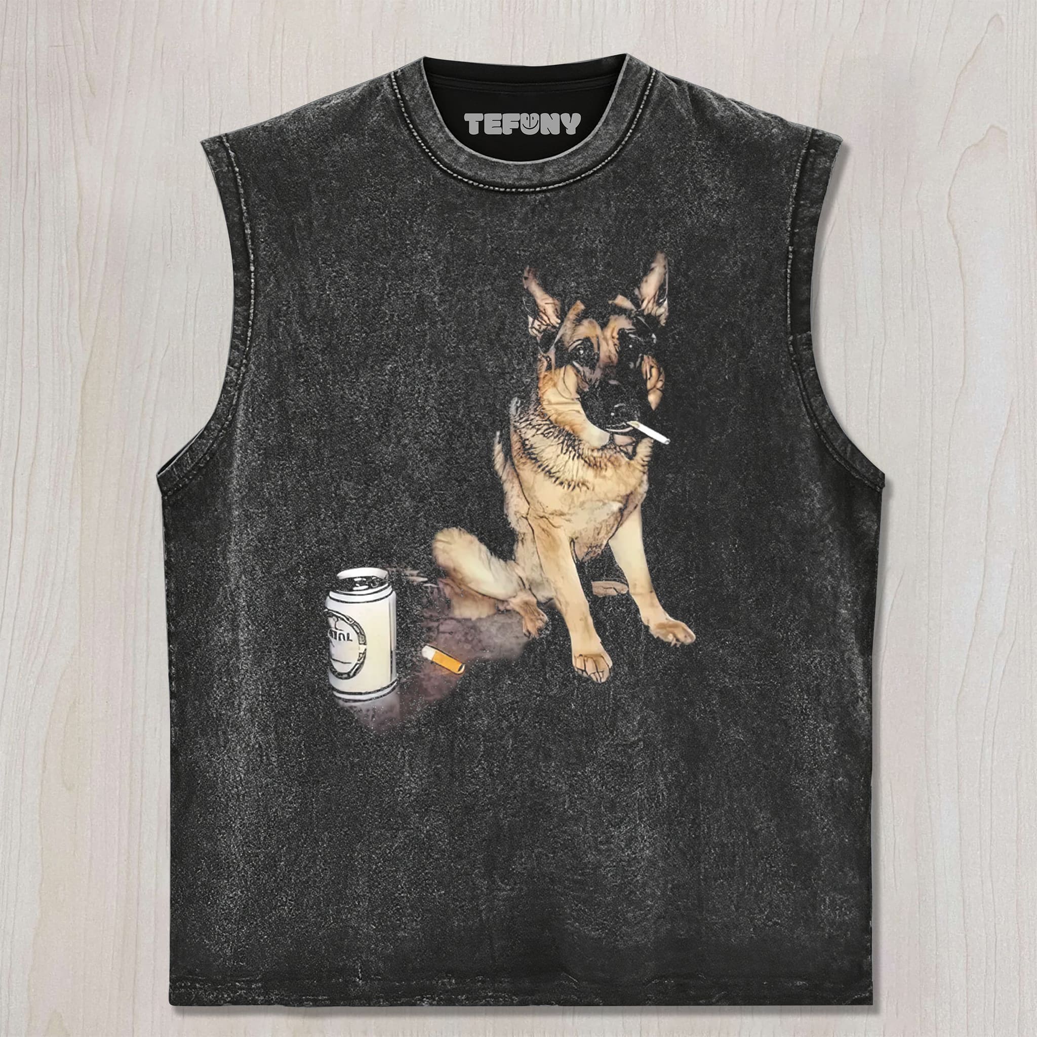 REALISTIC GERMAN SHEPHERD SMOKING BEER CAN DARK HUMOR GRAPHIC VINTAGE WASHED TEE UNISEX TEE, TANK TOP, LAYERED LS, SWEATSHIRT & HOODIE