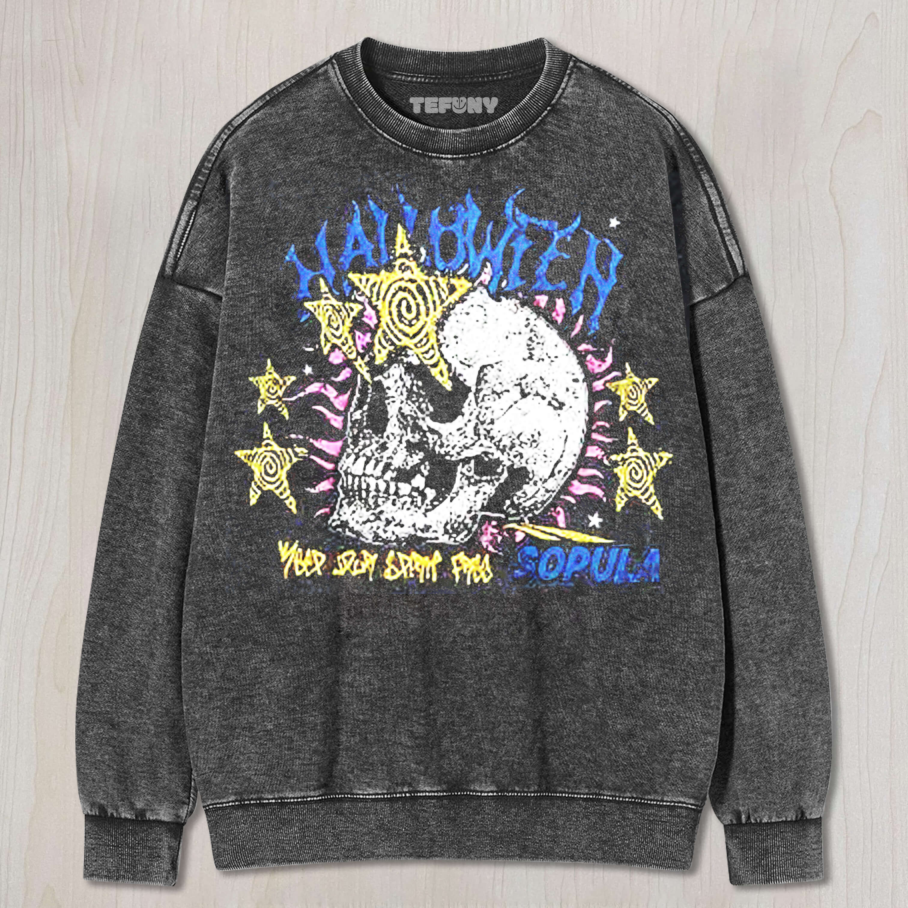 RETRO SLOGAN STAR SKULL PRINT WASHED TEE & SWEAT & HOOD