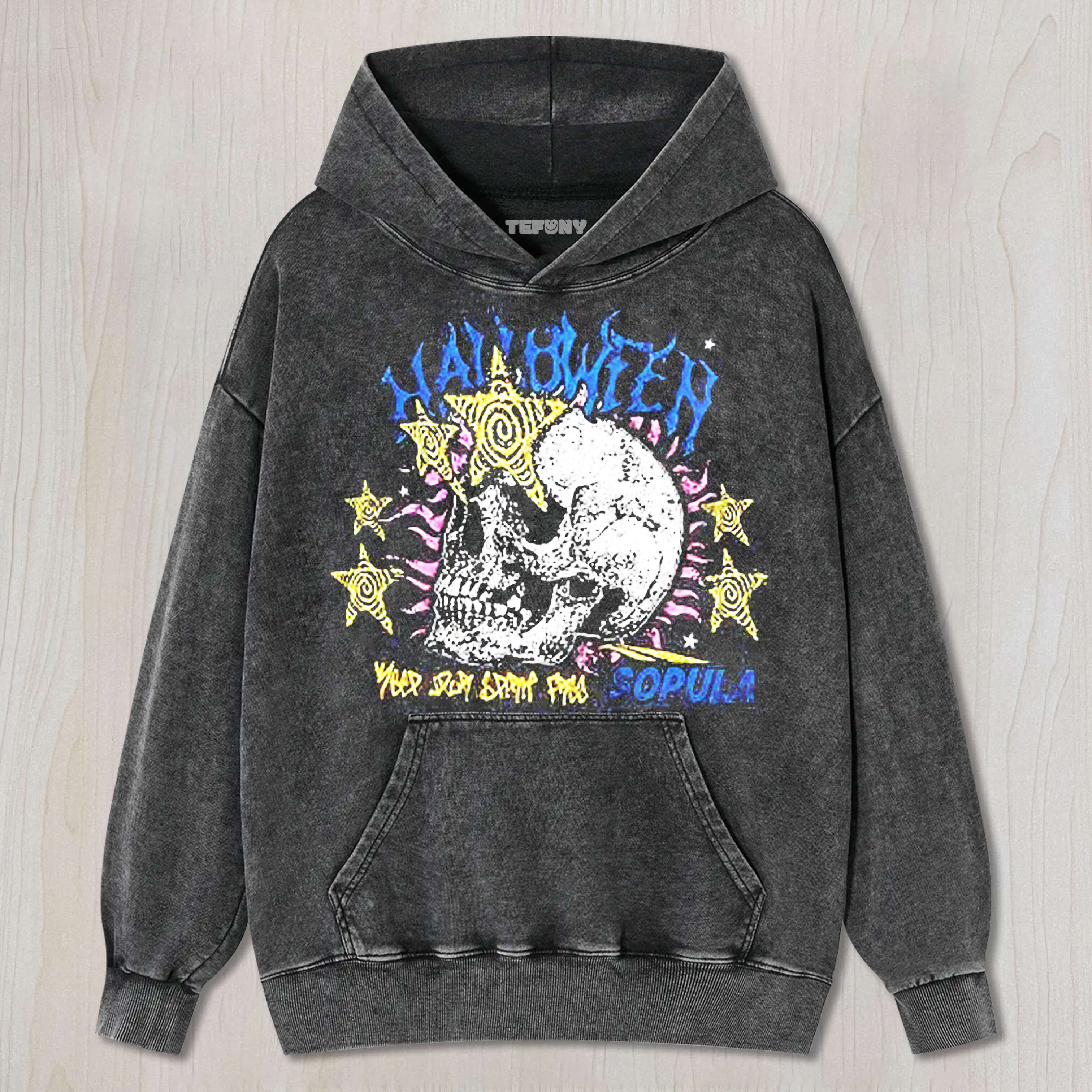 RETRO SLOGAN STAR SKULL PRINT WASHED TEE & SWEAT & HOOD
