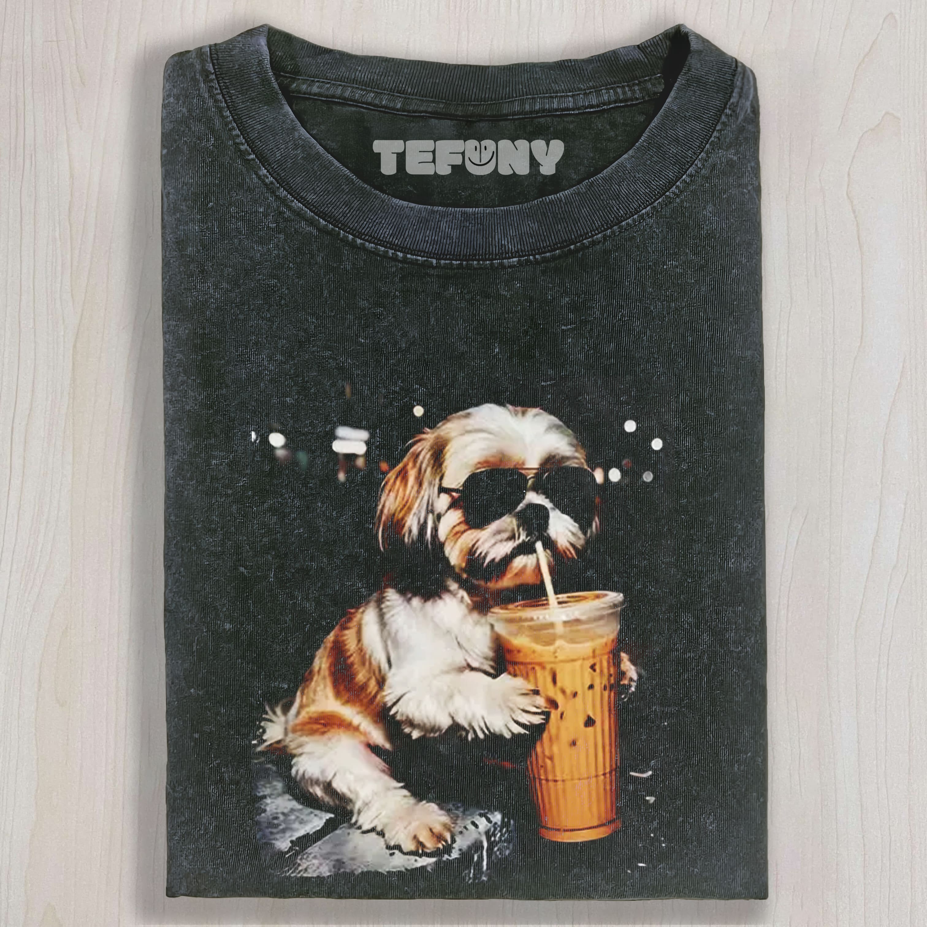 SHIH TZU DRINKING ICED COFFEE UNISEX TEE, TANK TOP, LAYERED LS, SWEATSHIRT & HOODIE