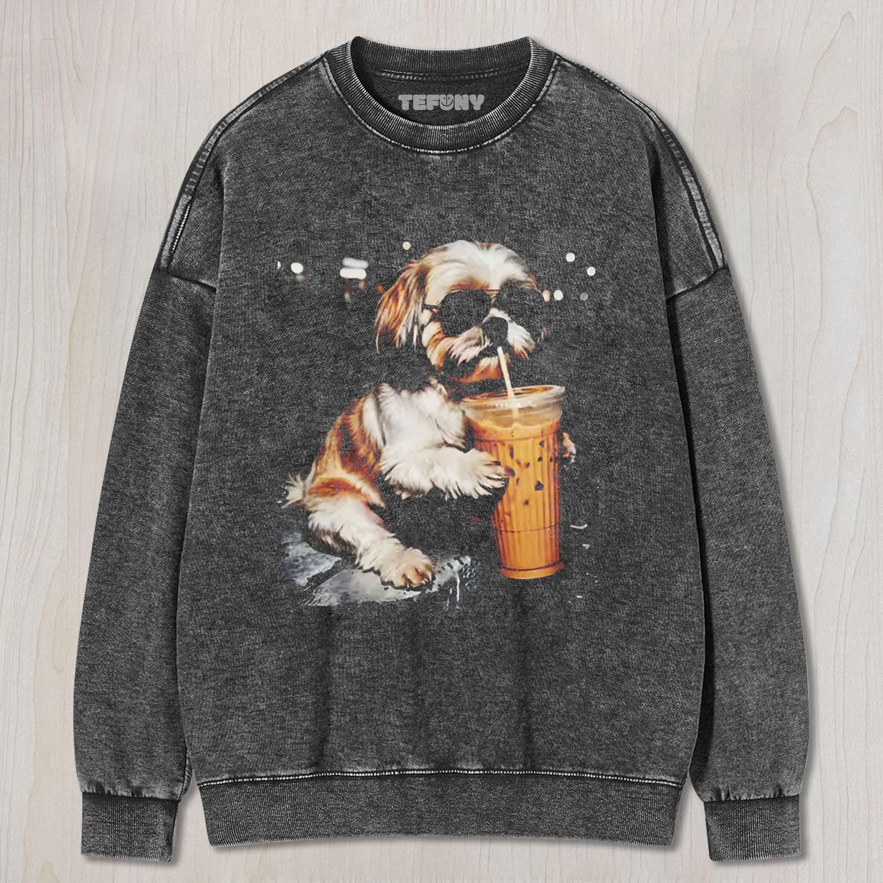 SHIH TZU DRINKING ICED COFFEE UNISEX TEE, TANK TOP, LAYERED LS, SWEATSHIRT & HOODIE