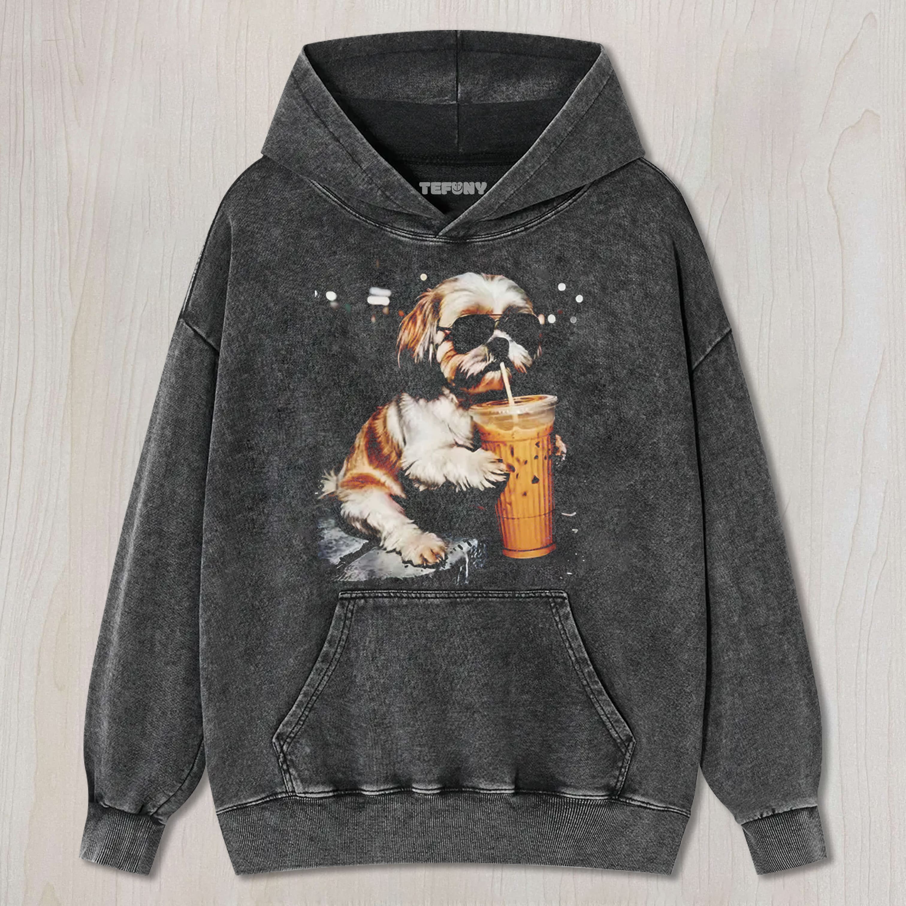 SHIH TZU DRINKING ICED COFFEE UNISEX TEE, TANK TOP, LAYERED LS, SWEATSHIRT & HOODIE