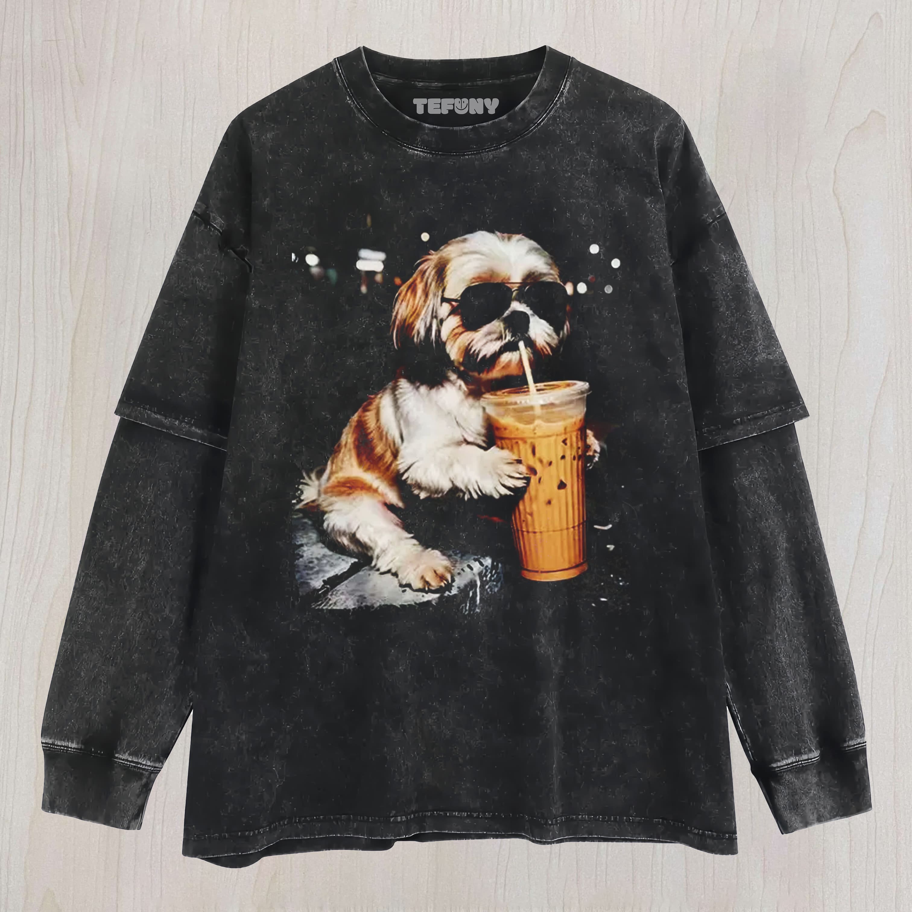 SHIH TZU DRINKING ICED COFFEE UNISEX TEE, TANK TOP, LAYERED LS, SWEATSHIRT & HOODIE