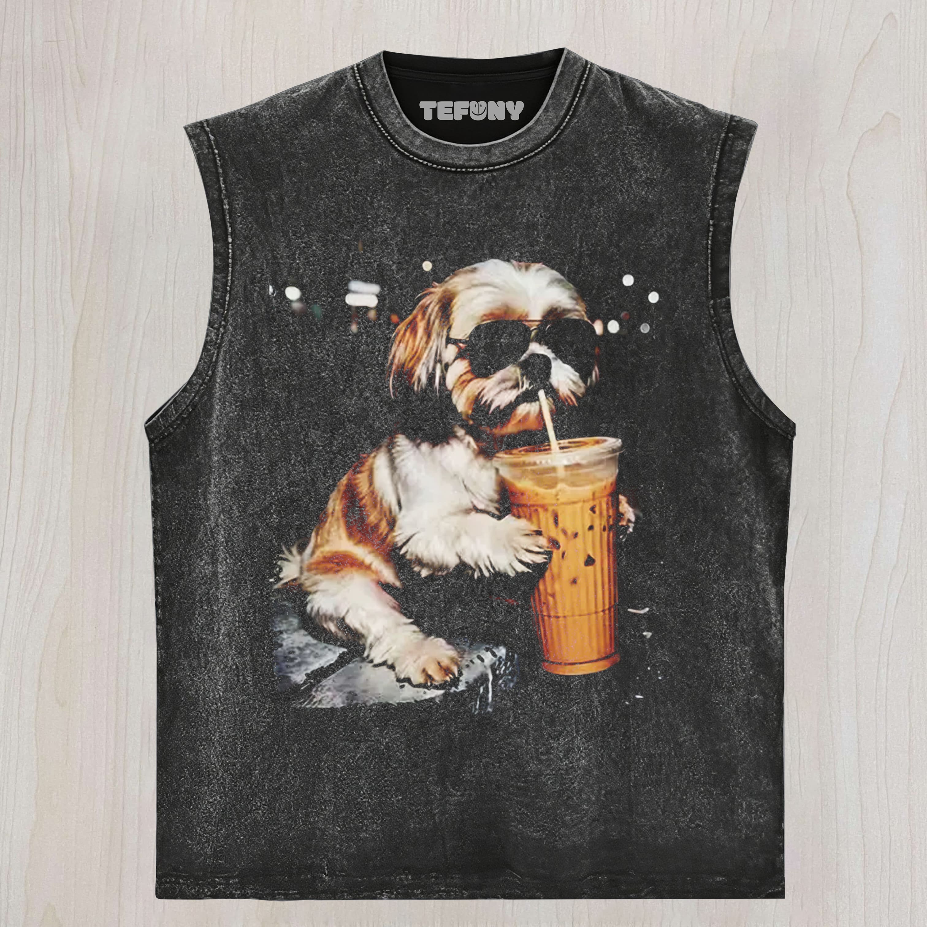 SHIH TZU DRINKING ICED COFFEE UNISEX TEE, TANK TOP, LAYERED LS, SWEATSHIRT & HOODIE