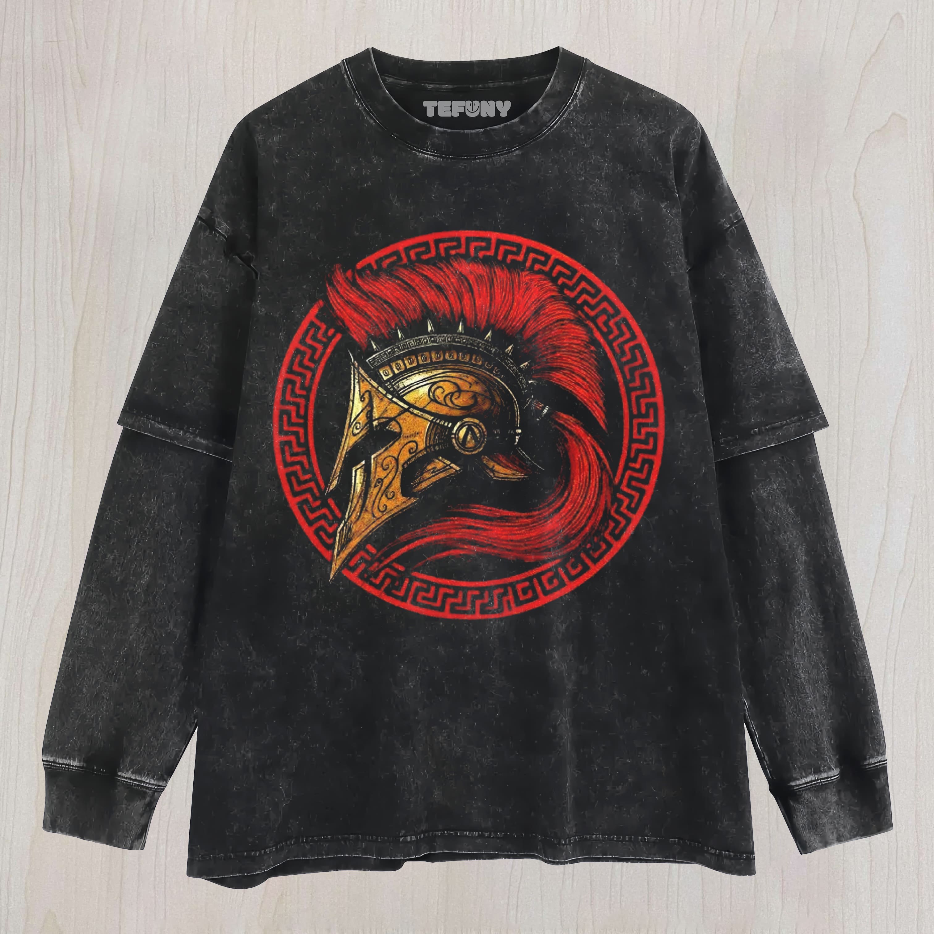SPARTAN WARRIOR HELMET GRAPHIC WASHED UNISEX TEE, TANK TOP, LAYERED LS, SWEATSHIRT & HOODIE