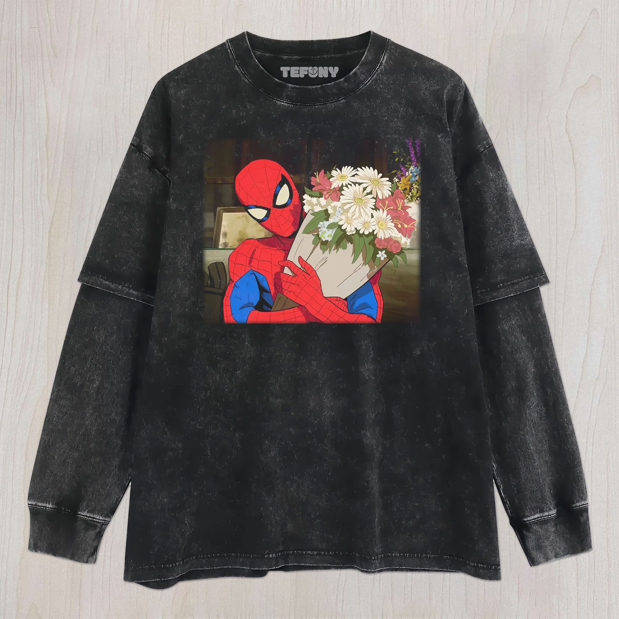 SPIDER-MAN HOLDING FLOWERS UNISEX TEE, TANK TOP, LAYERED LS, SWEATSHIRT & HOODIE