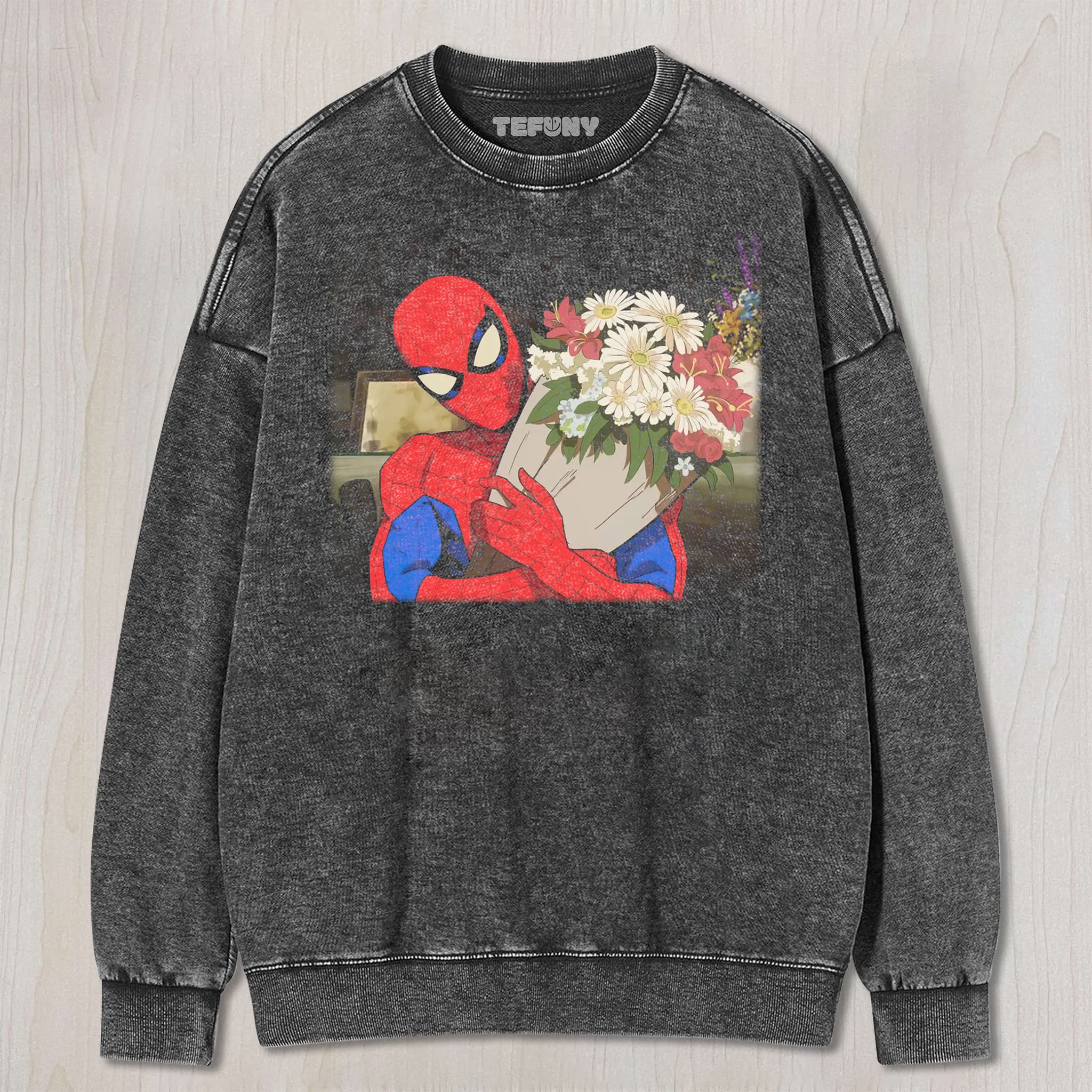 SPIDER-MAN HOLDING FLOWERS UNISEX TEE, TANK TOP, LAYERED LS, SWEATSHIRT & HOODIE