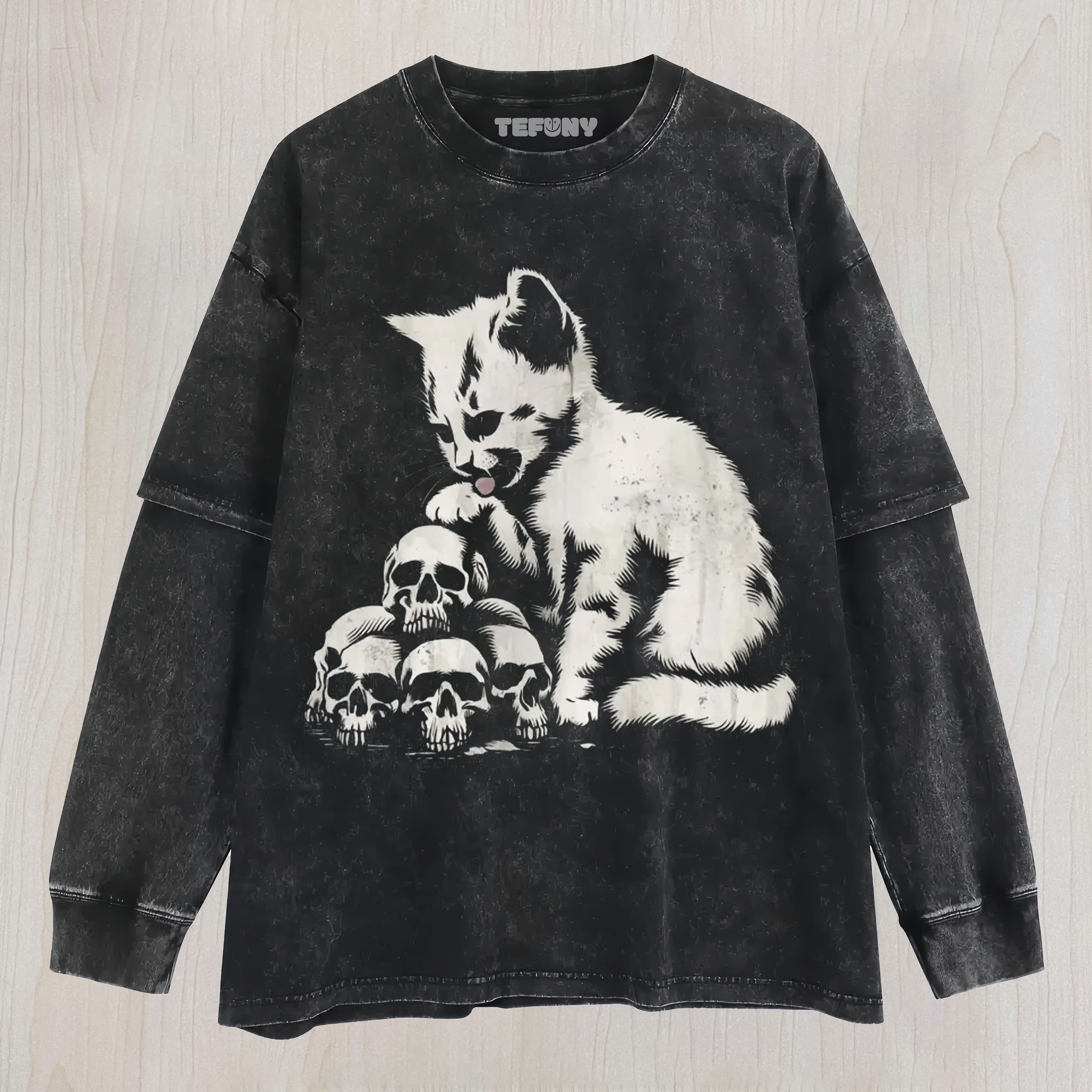 SPOOKY CAT SKULL VINTAGE T UNISEX TEE, TANK TOP, LAYERED LS, SWEATSHIRT & HOODIE