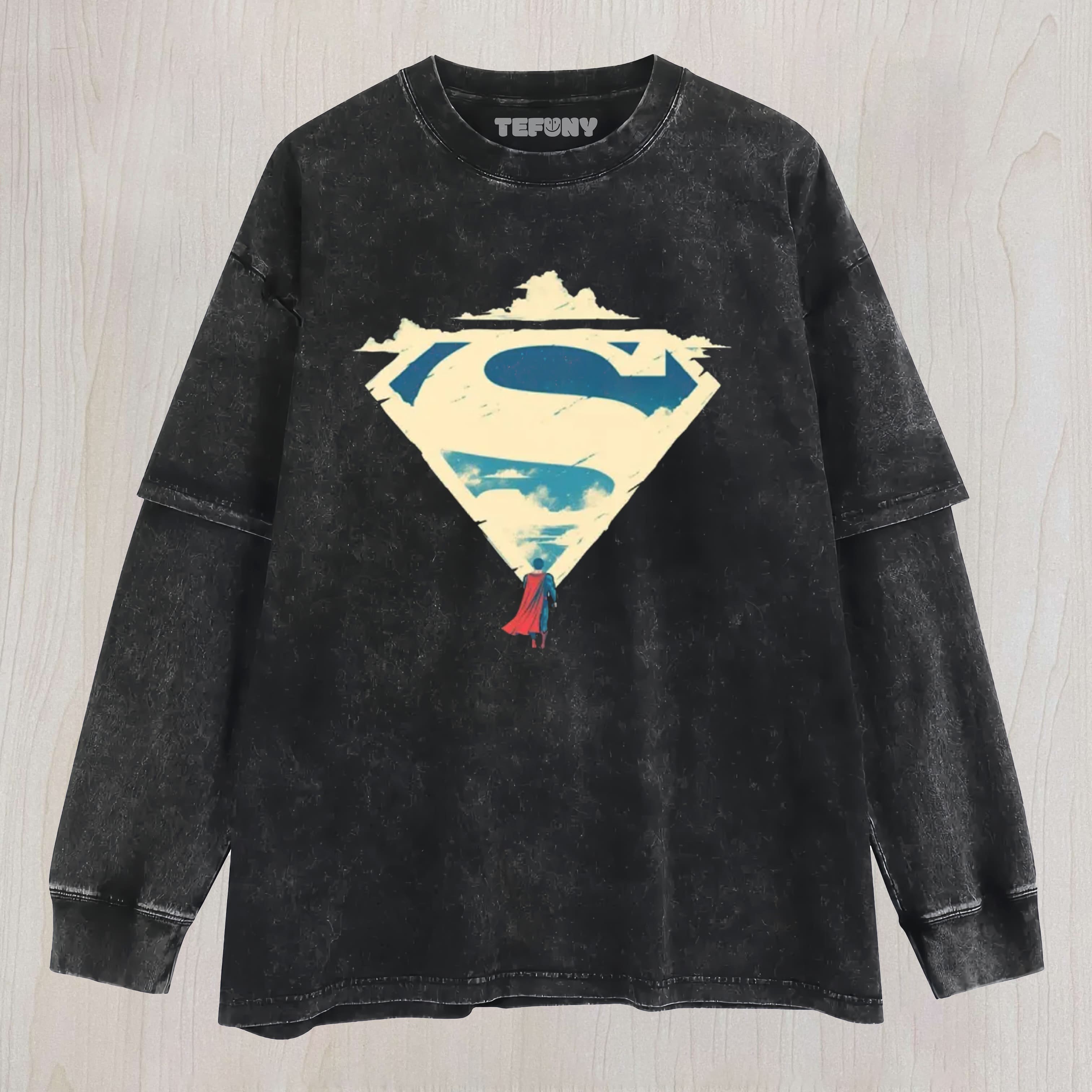 SUPERMAN S-SHIELD SKY MINIMALIST COTTON LAYERED LONG SLEEVE