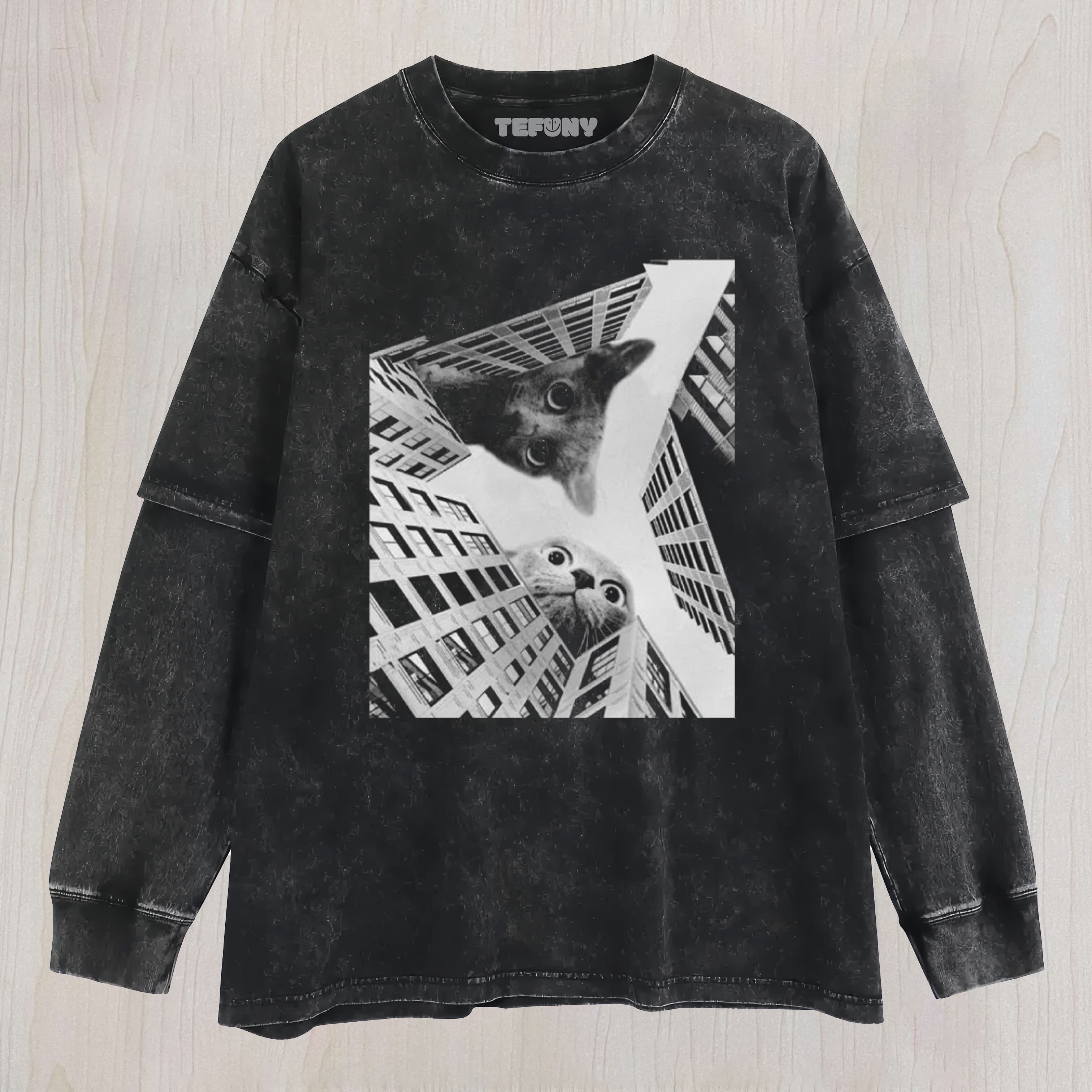 SURREAL CAT - BUILDING PATTERNED TEE, TANK TOP, LAYERED LS, SWEATSHIRT & HOODIE