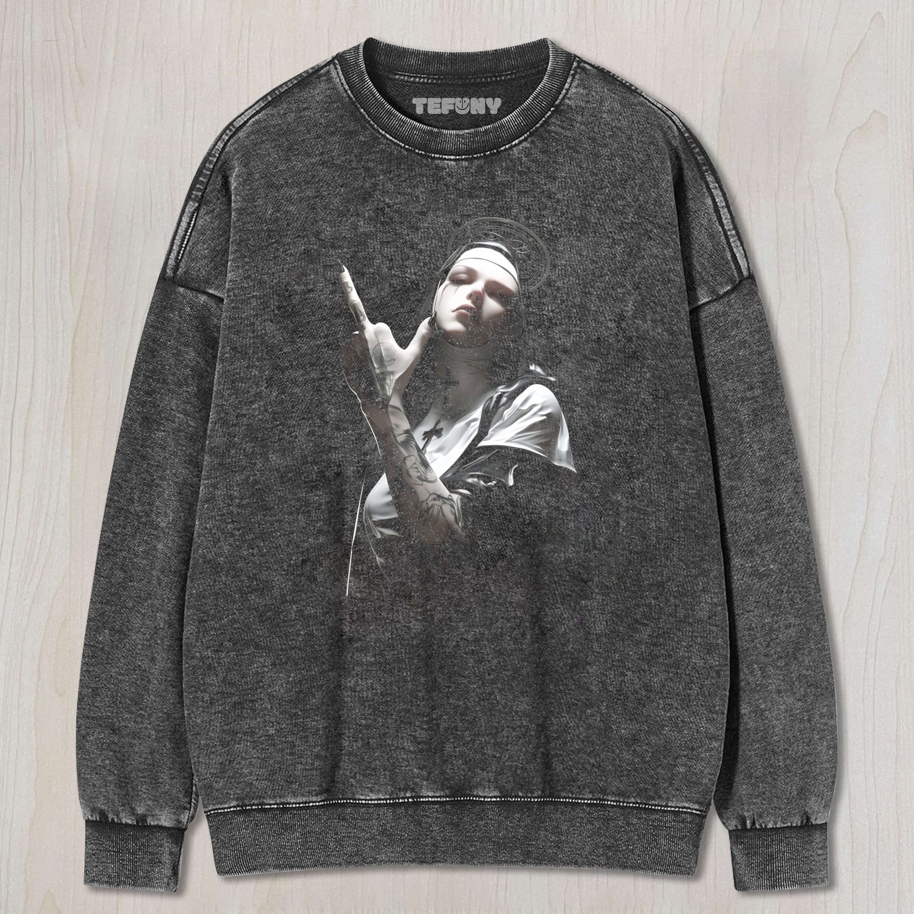 TATTOOED NUN GIVES MIDDLE FINGER TEE & SWEAT & HOOD