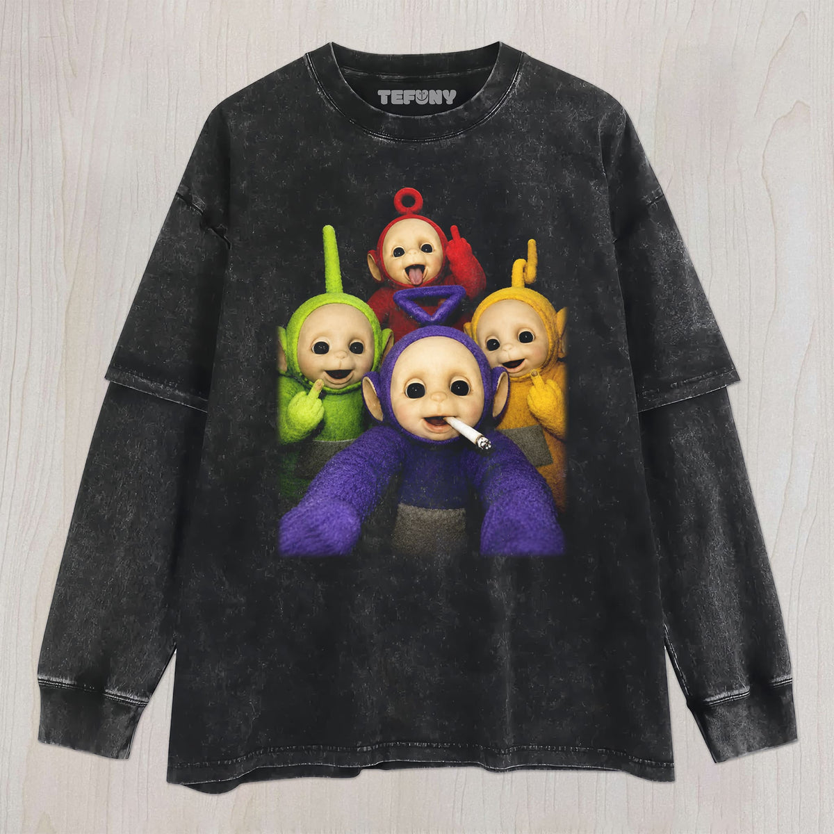 TELETUBBIES MIDDLE FINGER UNISEX TEE, TANK TOP, LAYERED LS, SWEATSHIRT & HOODIE