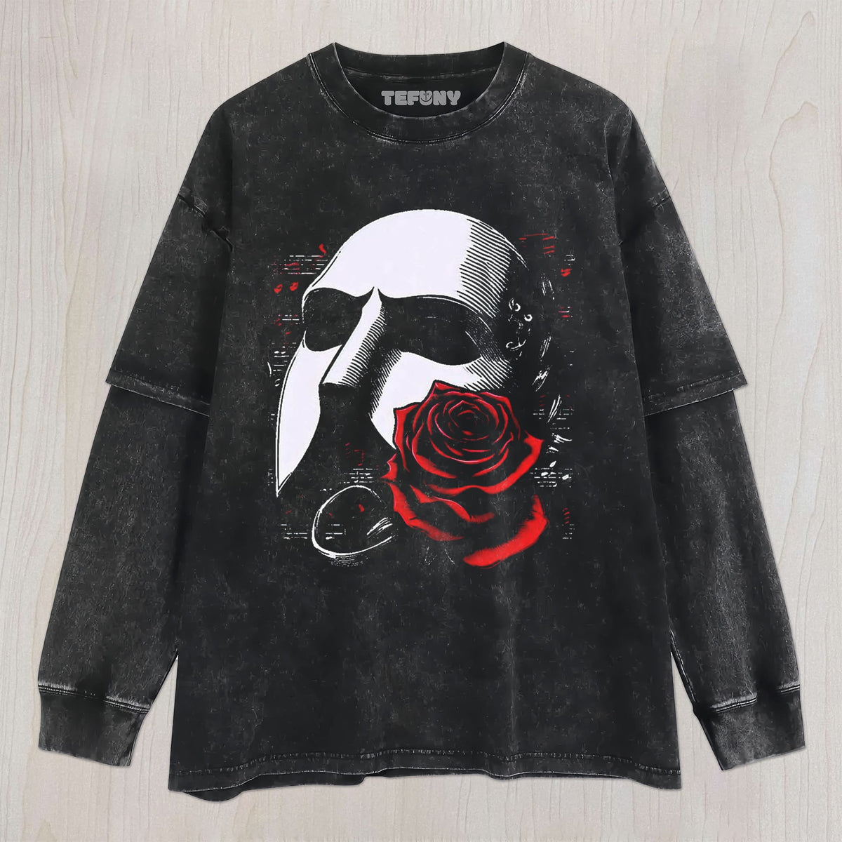 THEATER MASK RED ROSE MUSICAL NOTES RETRO UNISEX TEE, TANK TOP, LAYERED LS, SWEATSHIRT & HOODIE