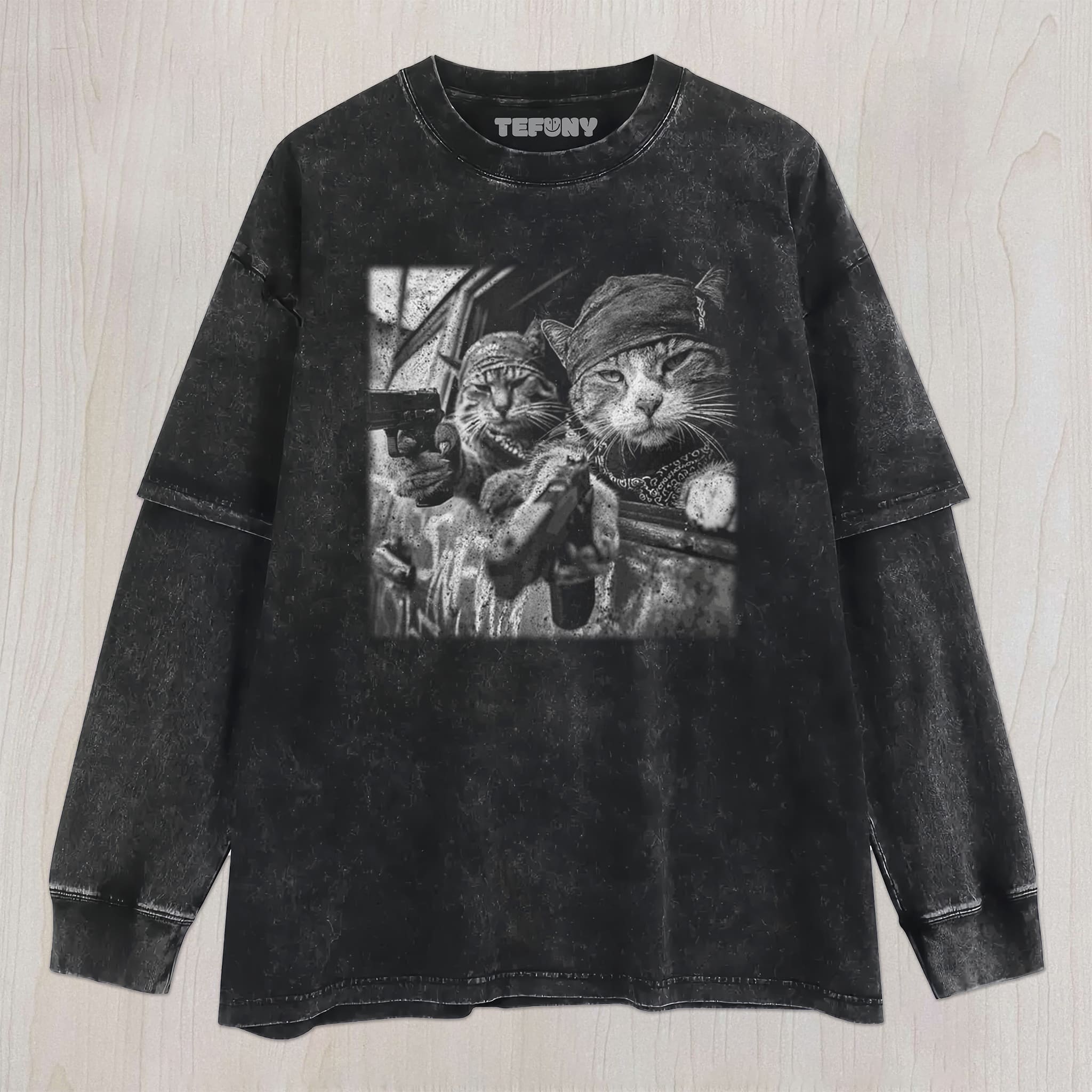 THE CATS ARE HOLDING A GUN UNISEX TEE, TANK TOP, LAYERED LS, SWEATSHIRT & HOODIE