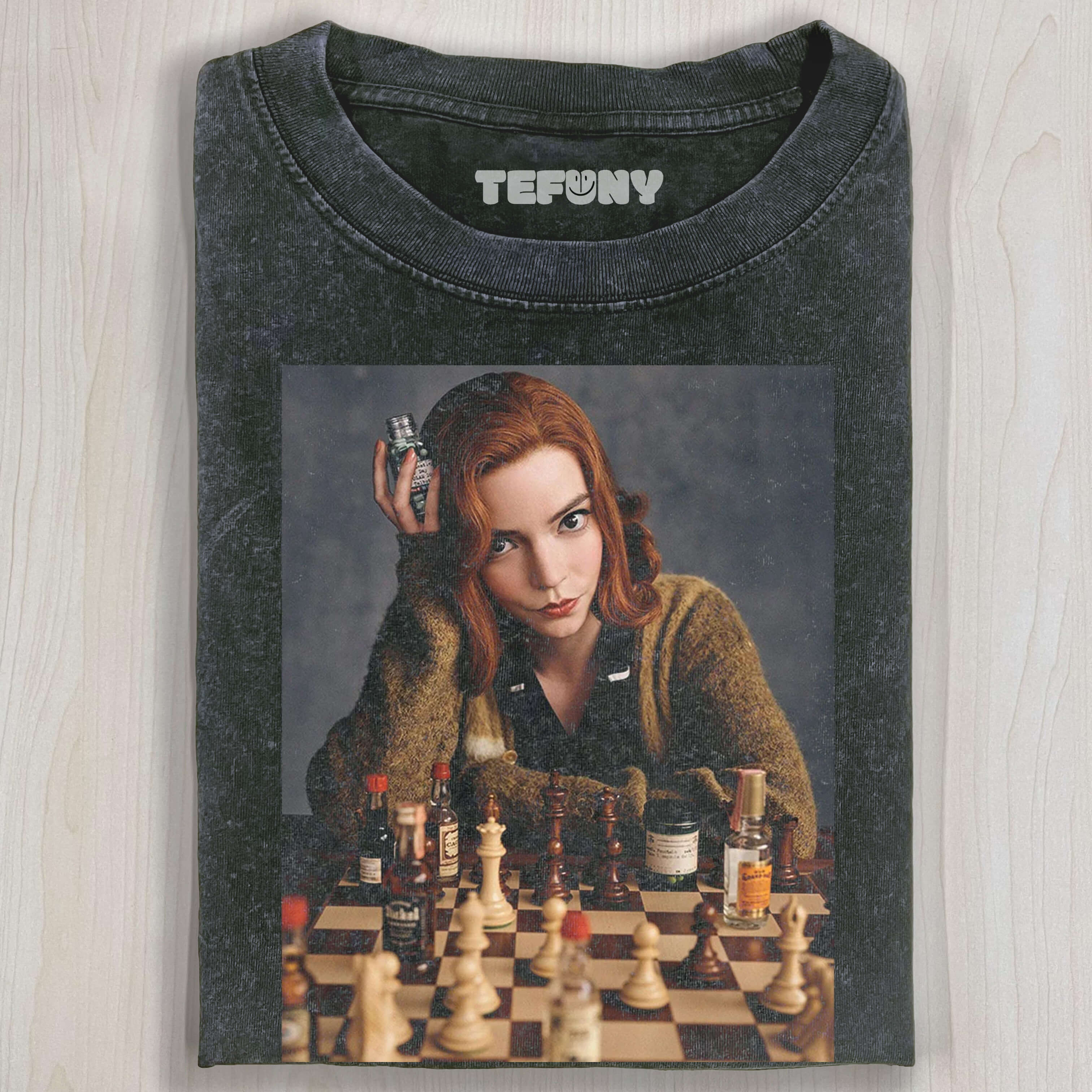 THE QUEEN'S GAMBIT BETH HARMON AND CHESSBOARD THEMED T-SHIRT