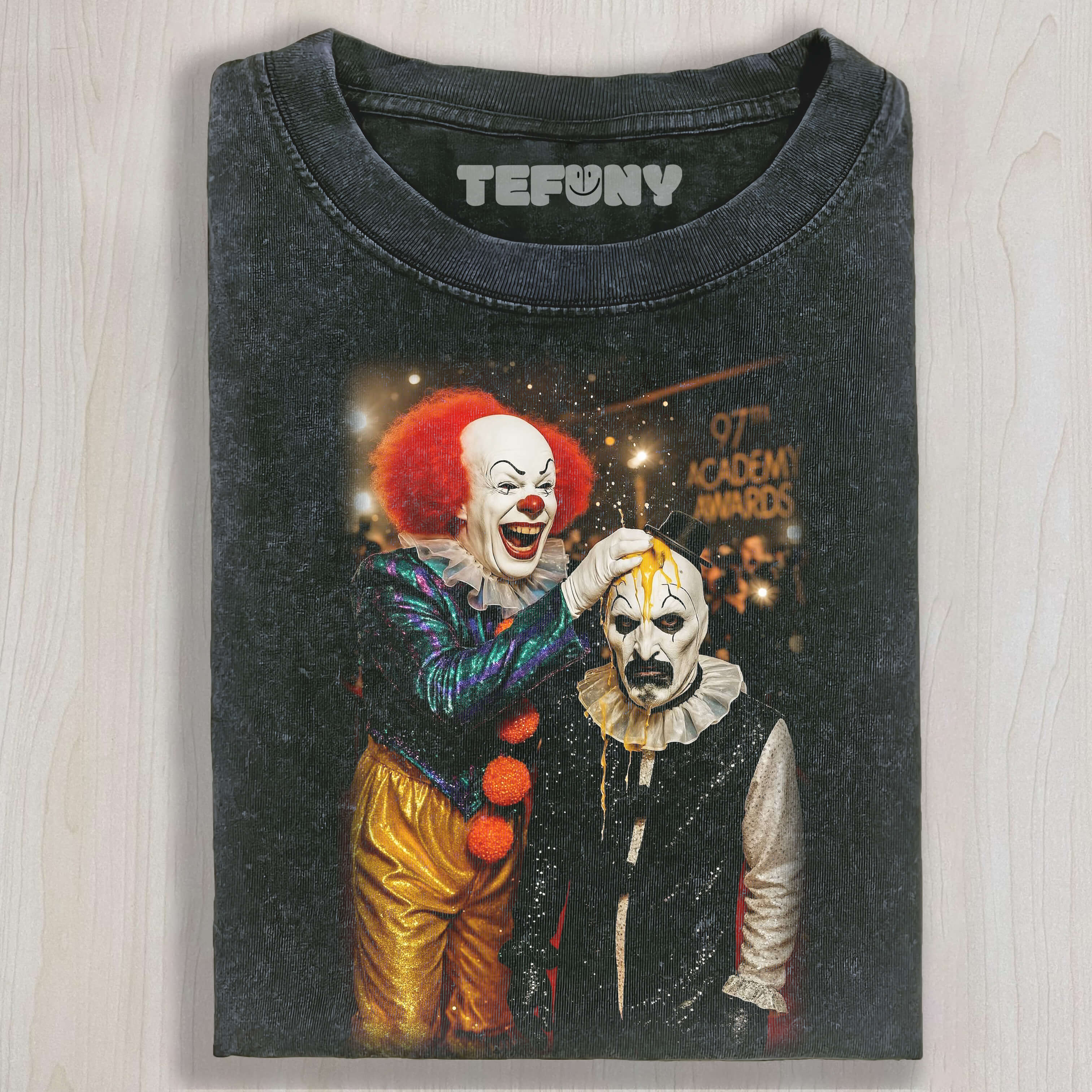 THE CLOWN THROWS AN EGG AT ART THE CLOWN'S HEAD T-SHIRT