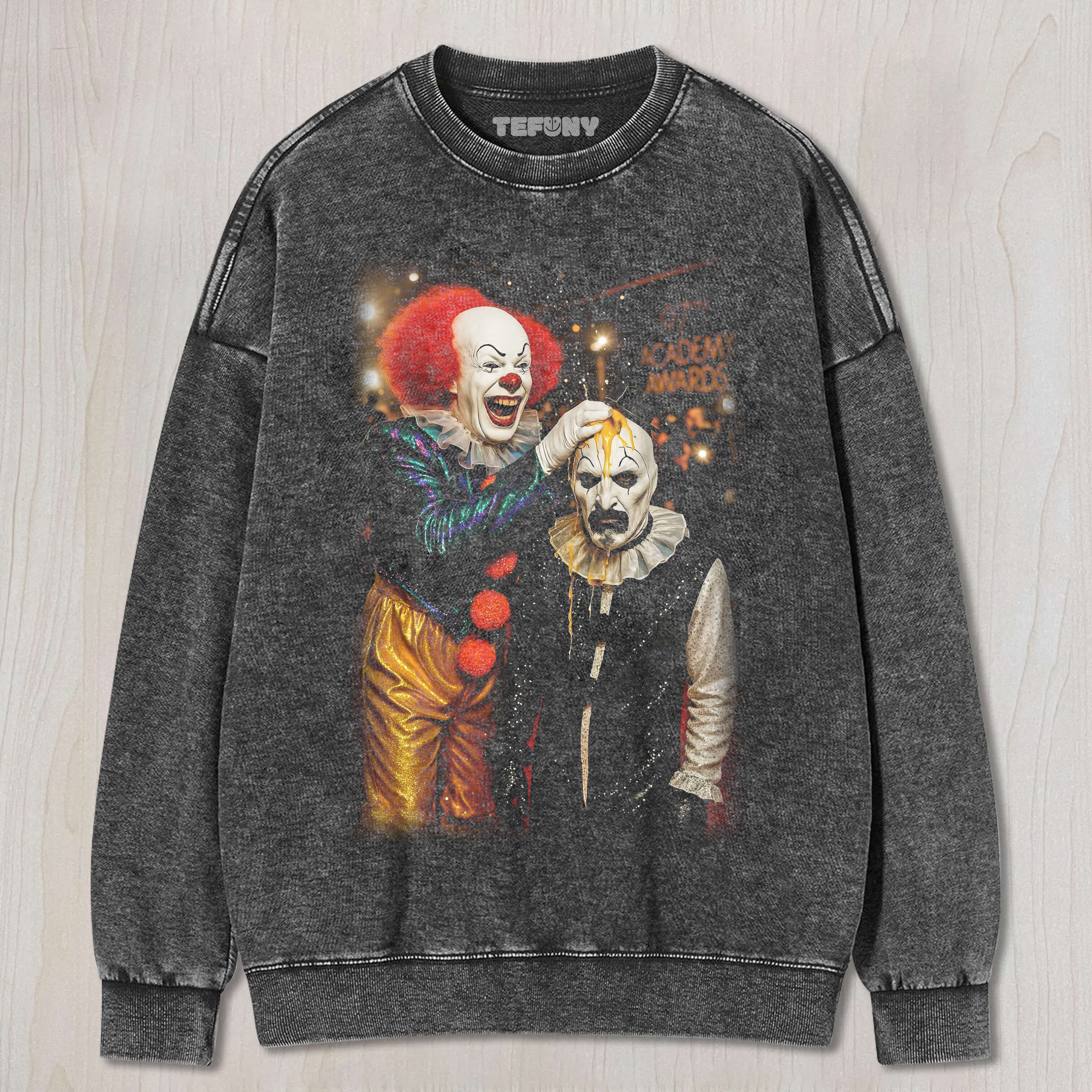 THE CLOWN THROWS AN EGG AT ART THE CLOWN'S HEAD T-SHIRT
