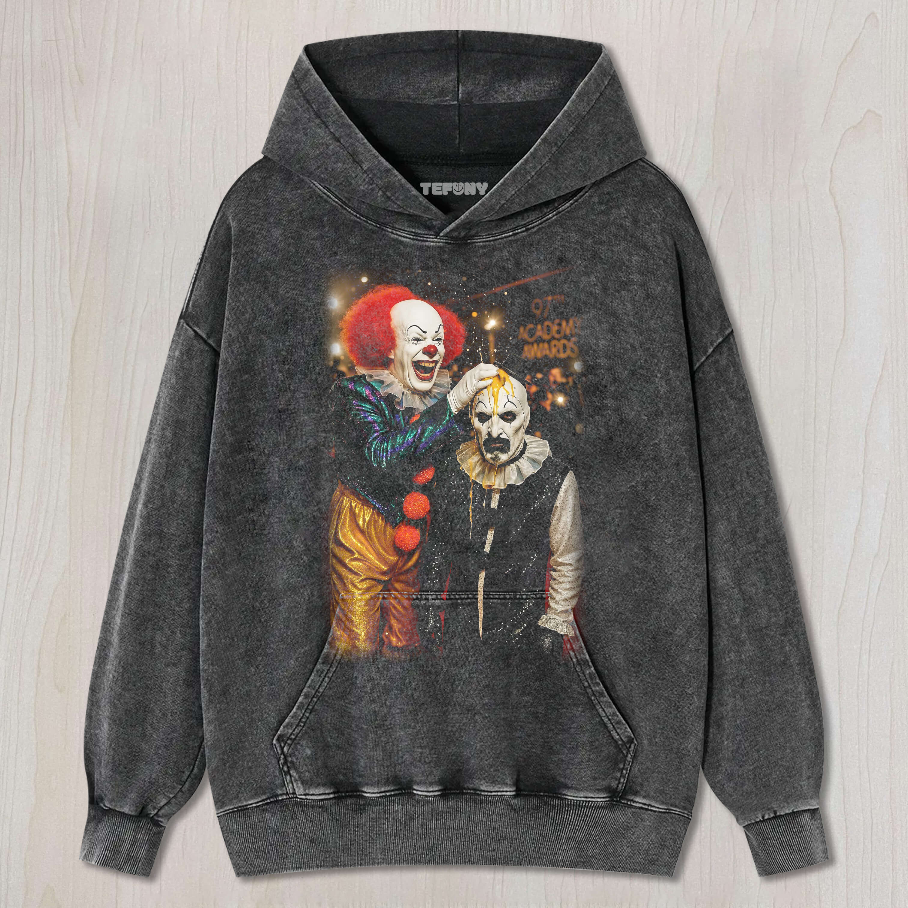 THE CLOWN THROWS AN EGG AT ART THE CLOWN'S HEAD T-SHIRT