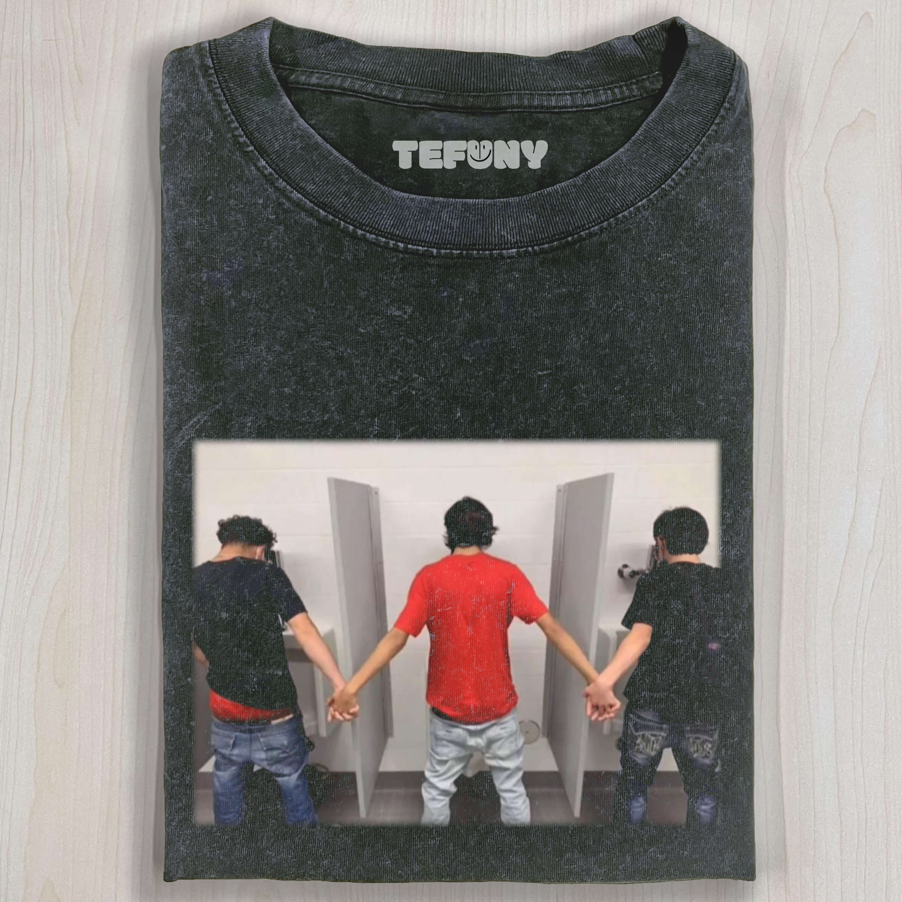 THREE MEN HOLDING HANDS IN THE TOILET T-SHIRT