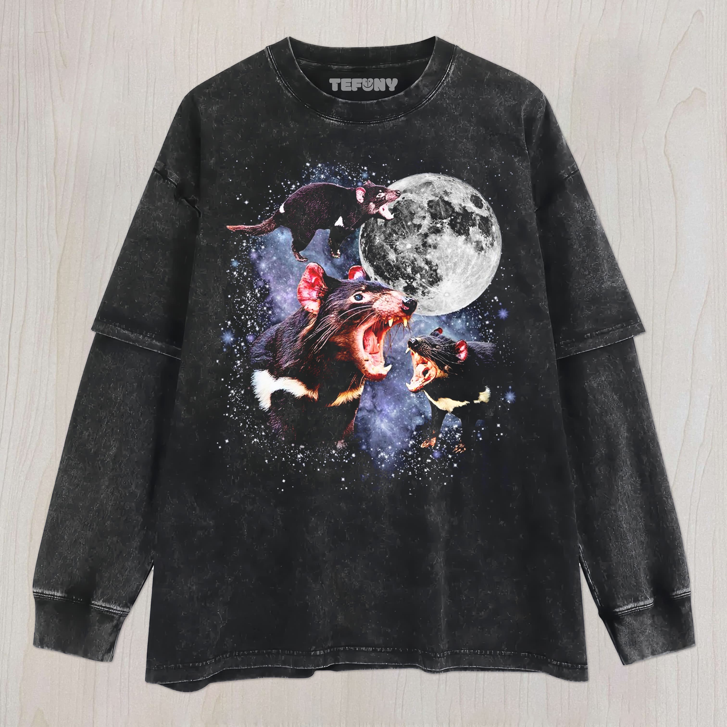 THREE TASMANIAN DEVIL MOON UNISEX TEE, TANK TOP, LAYERED LS, SWEATSHIRT & HOODIE