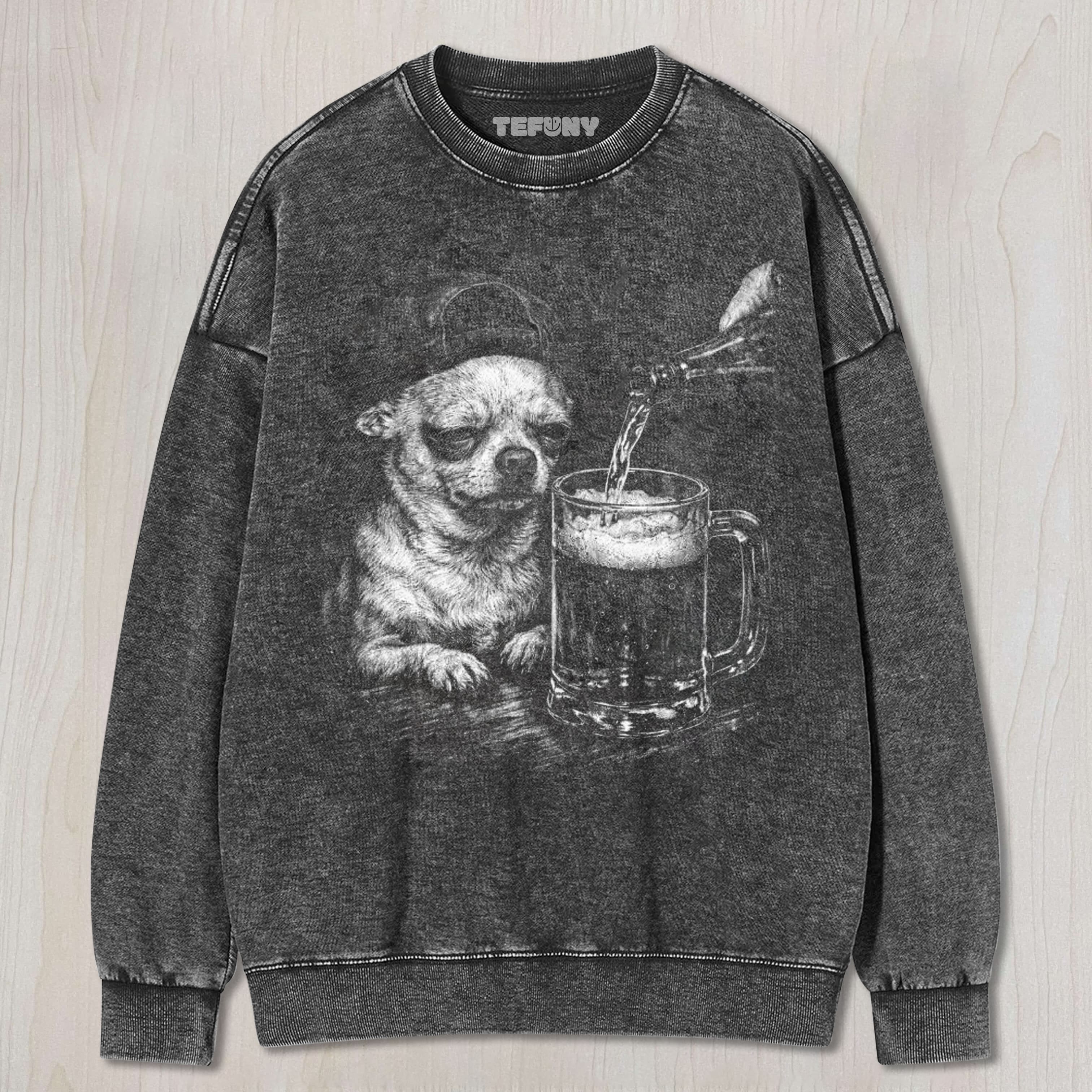 TIRED CHIHUAHUA DRINKING UNISEX TEE, TANK TOP, LAYERED LS, SWEATSHIRT & HOODIE