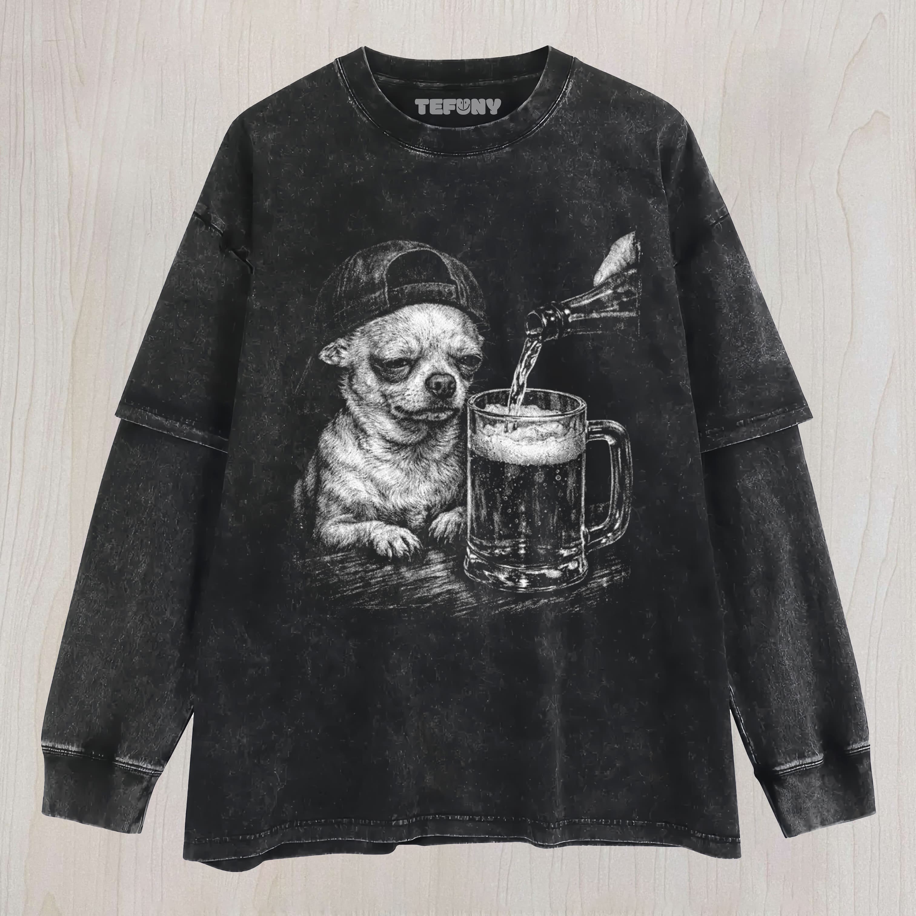 TIRED CHIHUAHUA DRINKING UNISEX TEE, TANK TOP, LAYERED LS, SWEATSHIRT & HOODIE