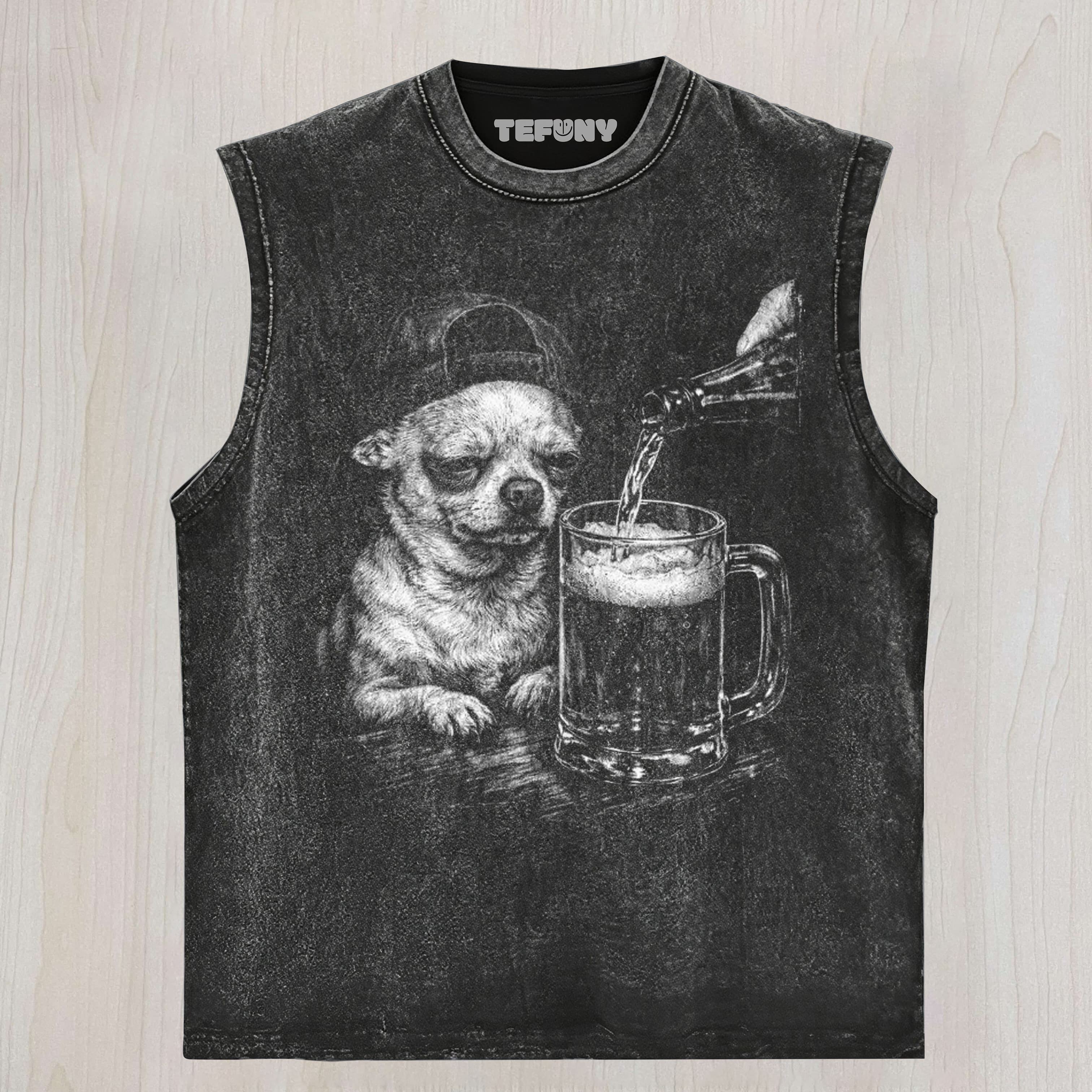 TIRED CHIHUAHUA DRINKING UNISEX TEE, TANK TOP, LAYERED LS, SWEATSHIRT & HOODIE