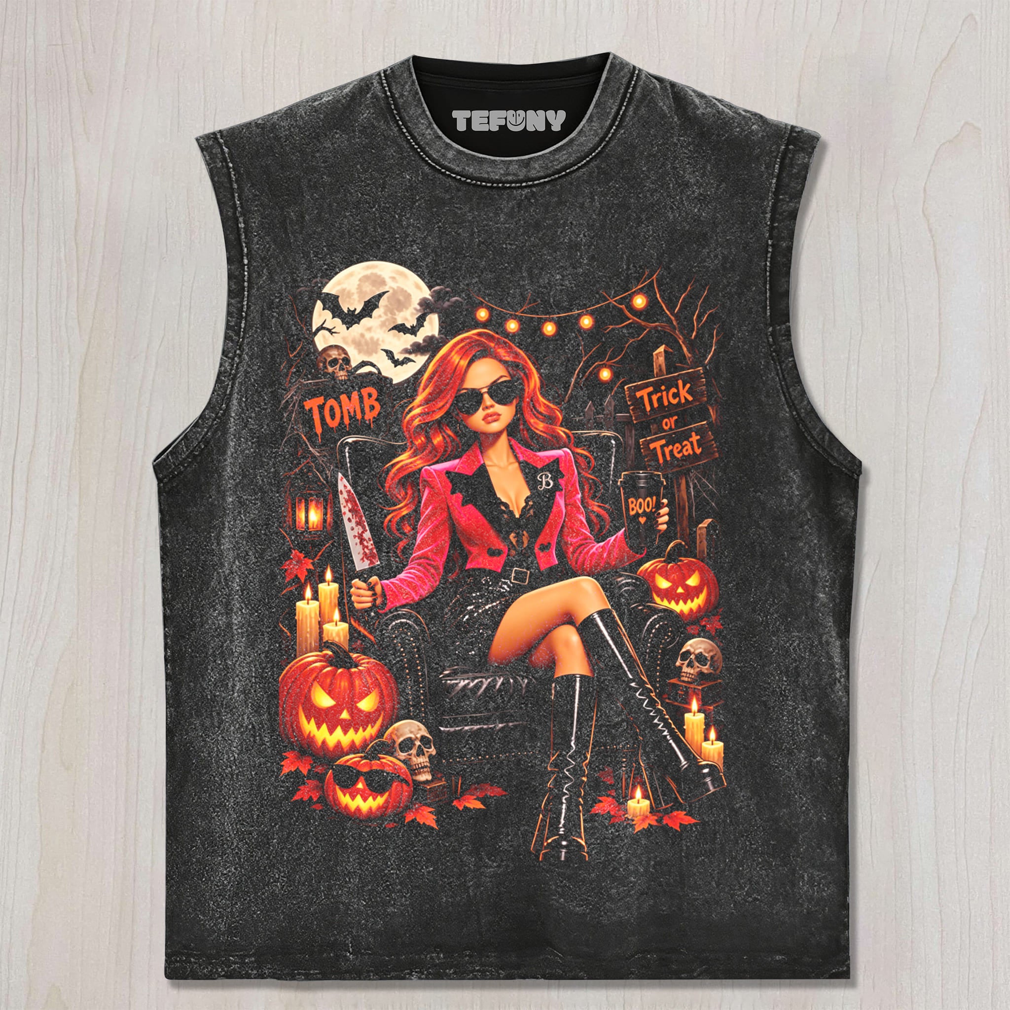 TOMB BOSS HALLOWEEN GIRL UNISEX TEE, TANK TOP, LAYERED LS, SWEATSHIRT & HOODIE