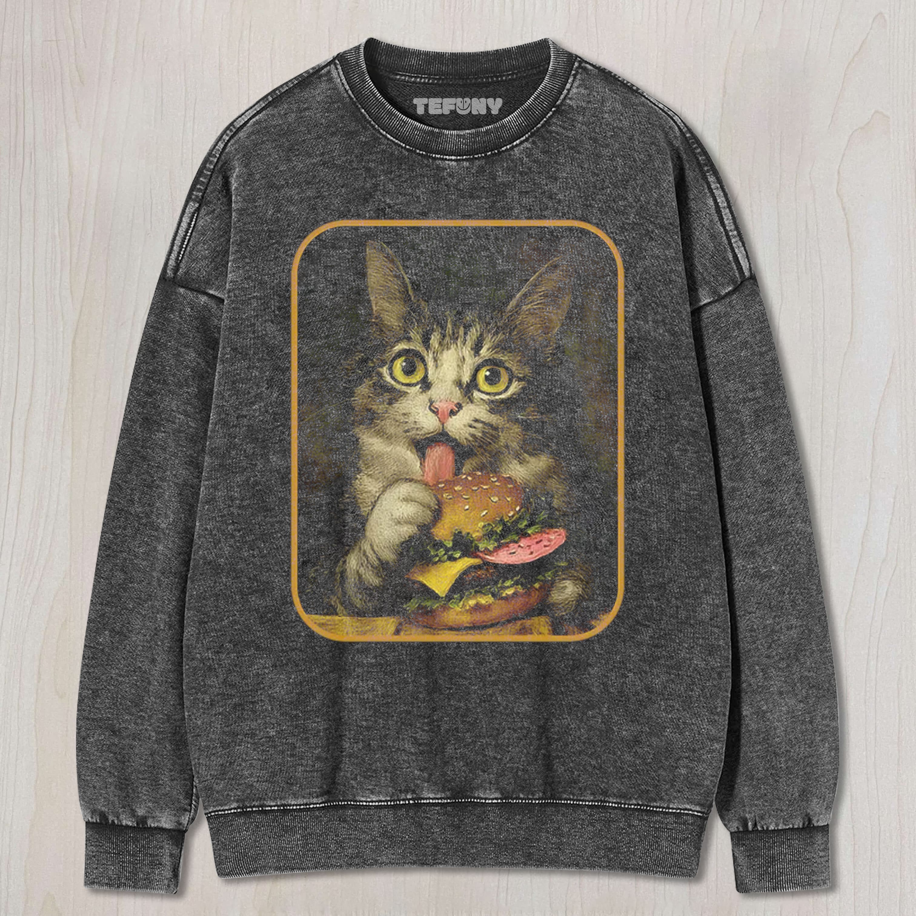 TRYING TO EAT BURGER FUNNY CUTE CAT UNISEX TEE, TANK TOP, LAYERED LS, SWEATSHIRT & HOODIE