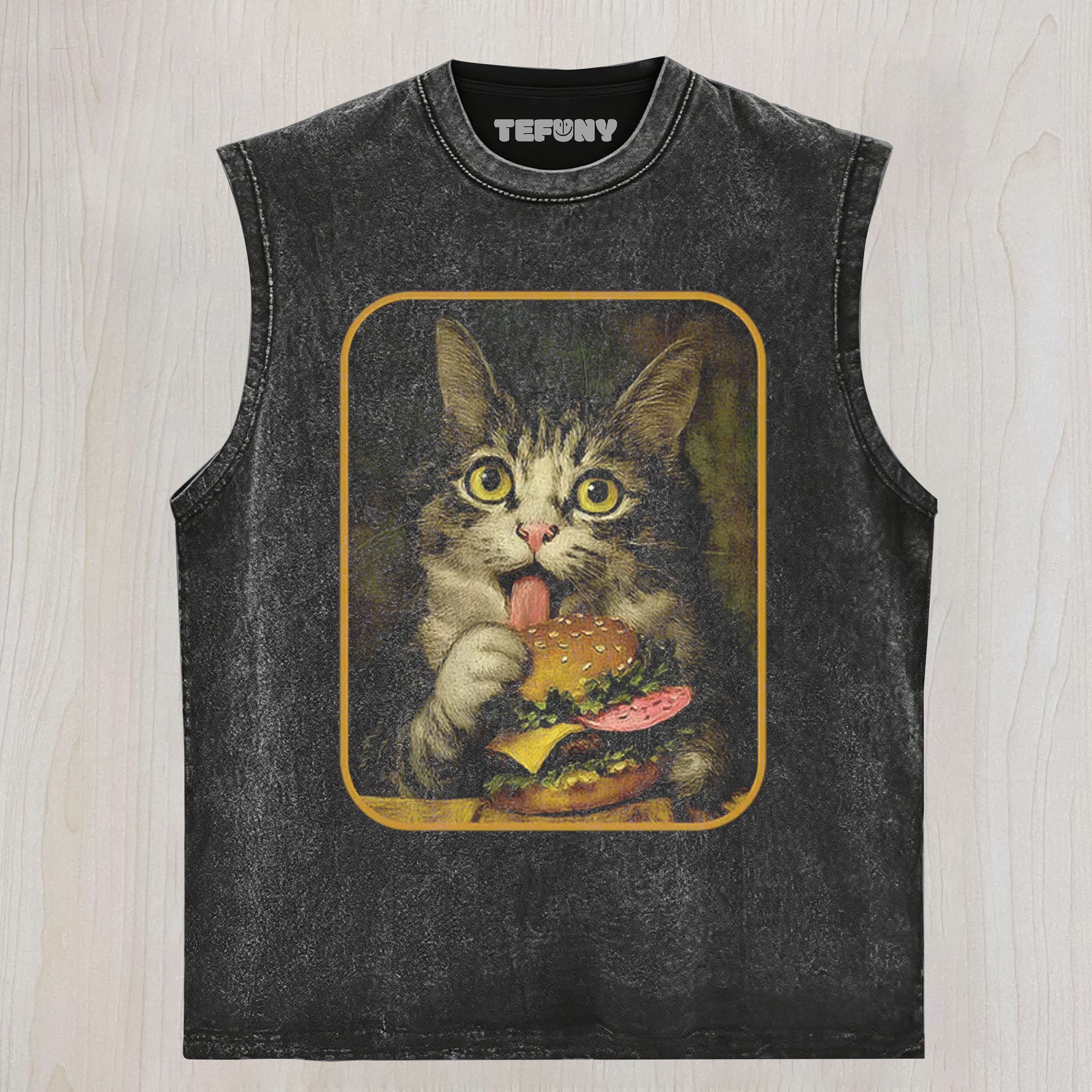 TRYING TO EAT BURGER FUNNY CUTE CAT UNISEX TEE, TANK TOP, LAYERED LS, SWEATSHIRT & HOODIE