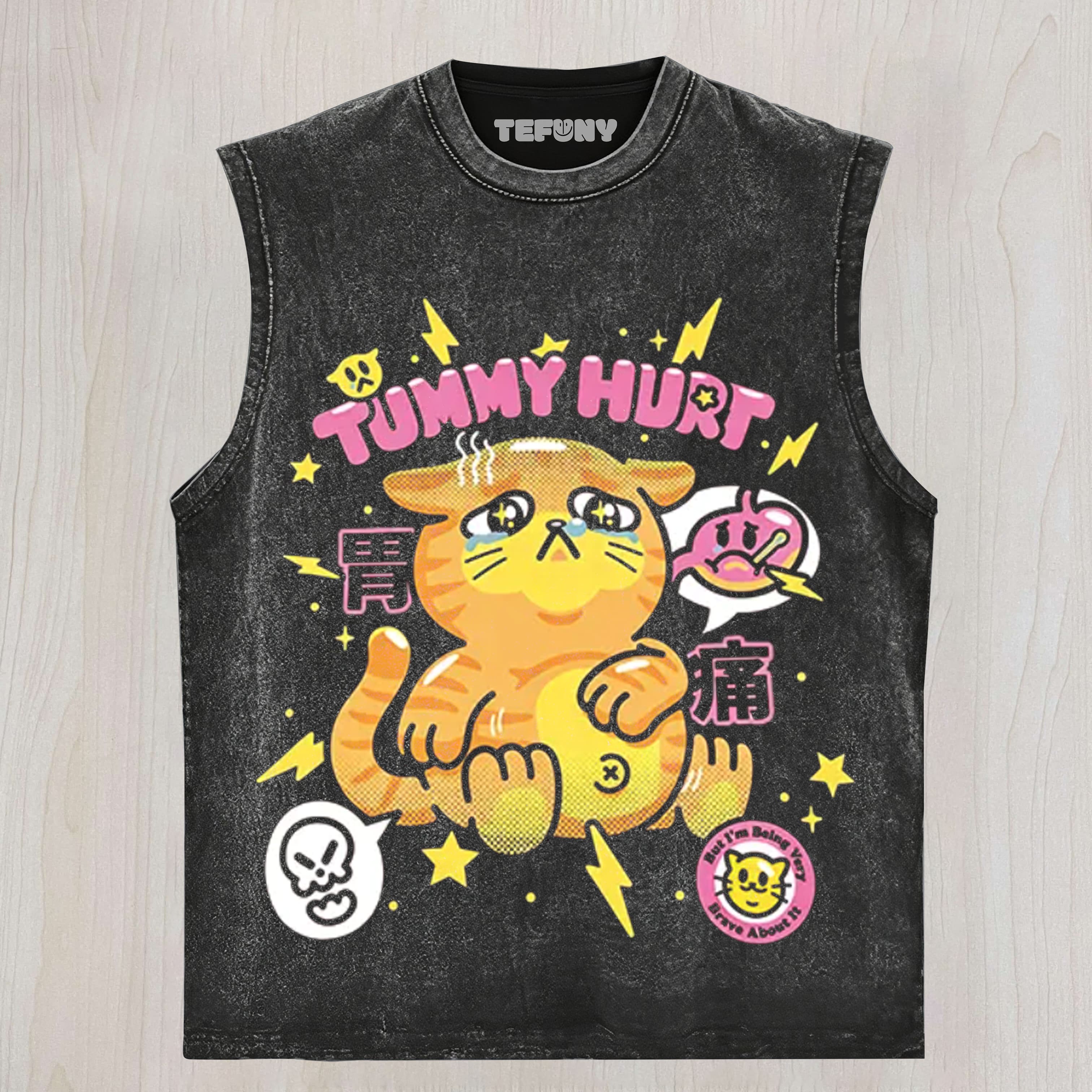 TUMMY HURT CUTE CAT UNISEX TEE, TANK TOP, LAYERED LS, SWEATSHIRT & HOODIE