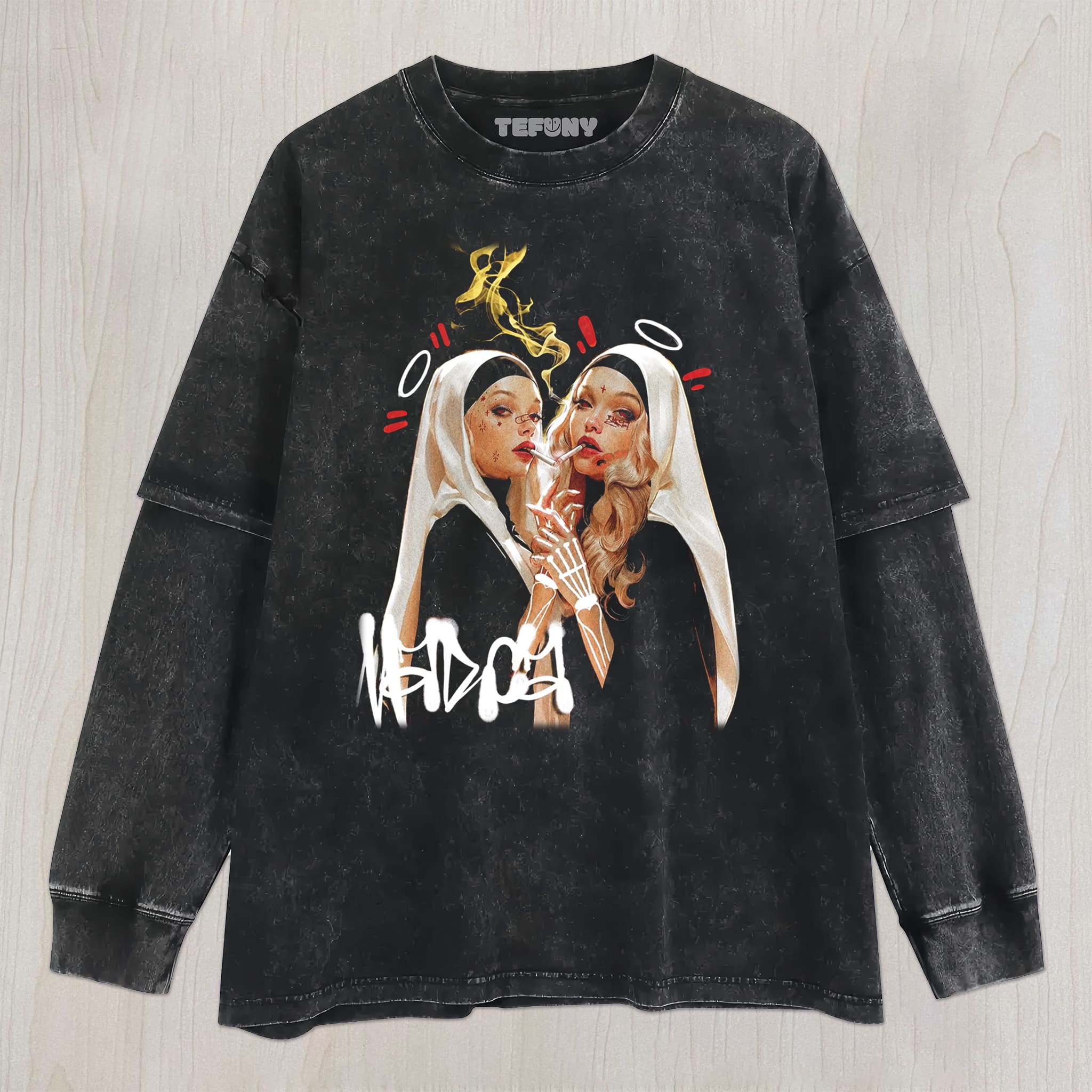 TWO SMOKING NUNS UNISEX TEE, TANK TOP, LAYERED LS, SWEATSHIRT & HOODIE