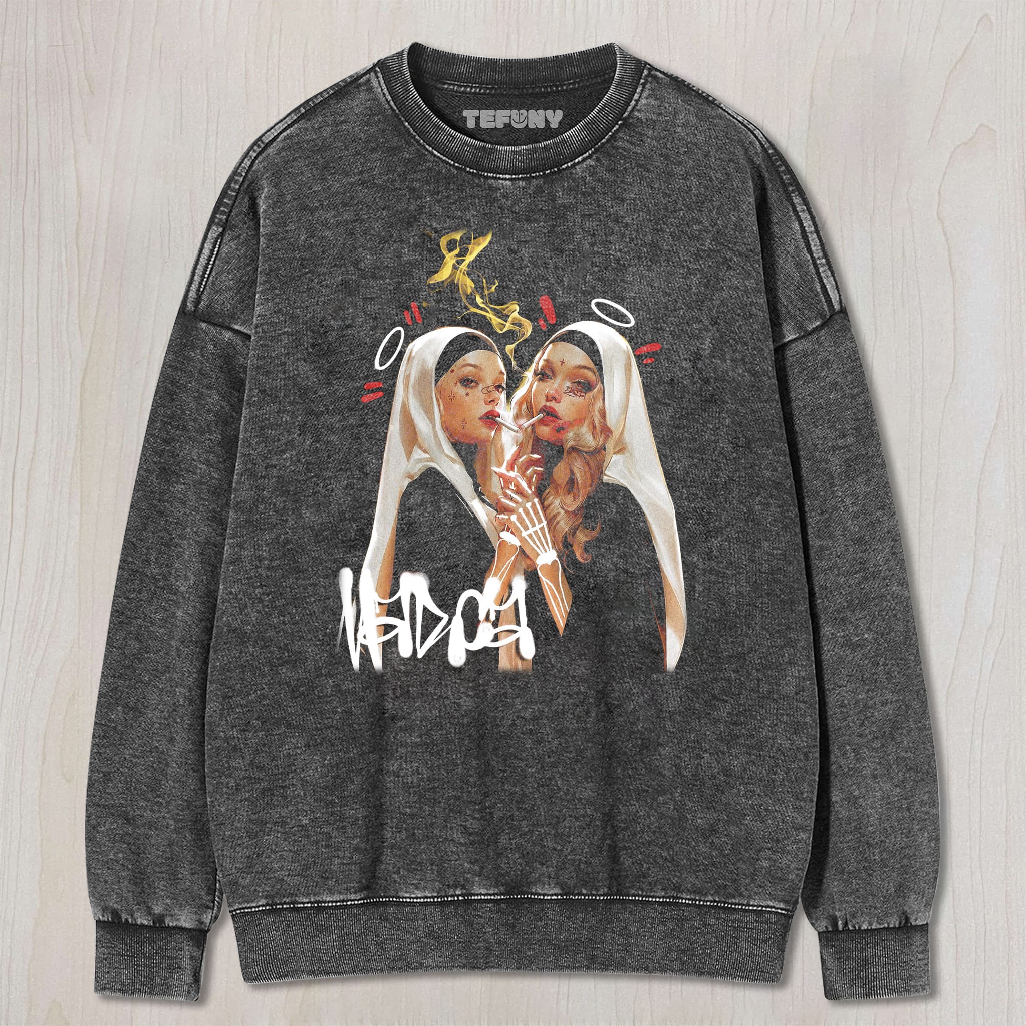 TWO SMOKING NUNS UNISEX TEE, TANK TOP, LAYERED LS, SWEATSHIRT & HOODIE